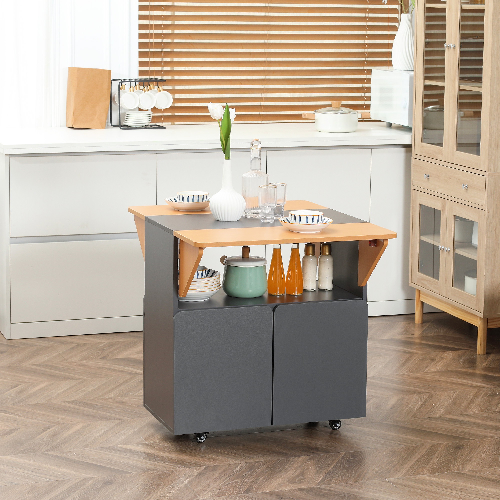 Homcom Folding Space- Table For Max With 4 Wheels, Hidden Shelf And Cabinet With Doors, 70x83x75 Cm, Yellow And Grey