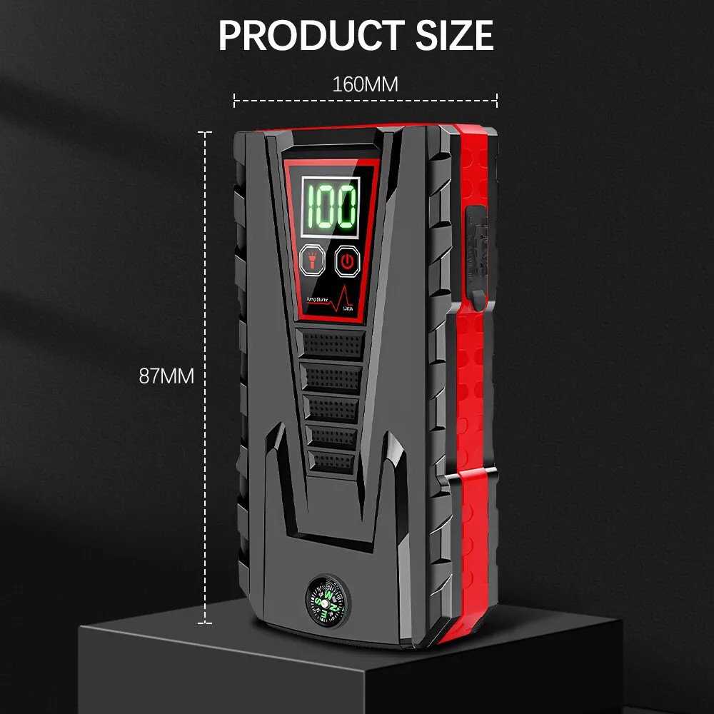 ultra powerful portable car starter emergency booster power bank for petrol dual interface   led flashlight multi purpose lcd display compass details 1