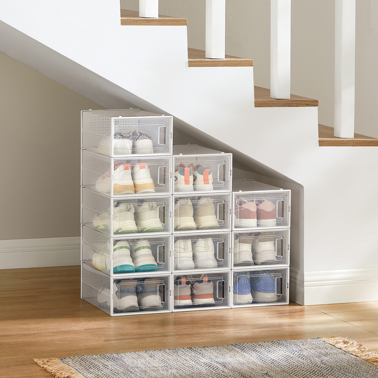 E-shop Schuhboxen, 12er Set,Schuh-Organizer aus Kunststoff, faltbar und stapelbar, für Schuhe bis Größe 44