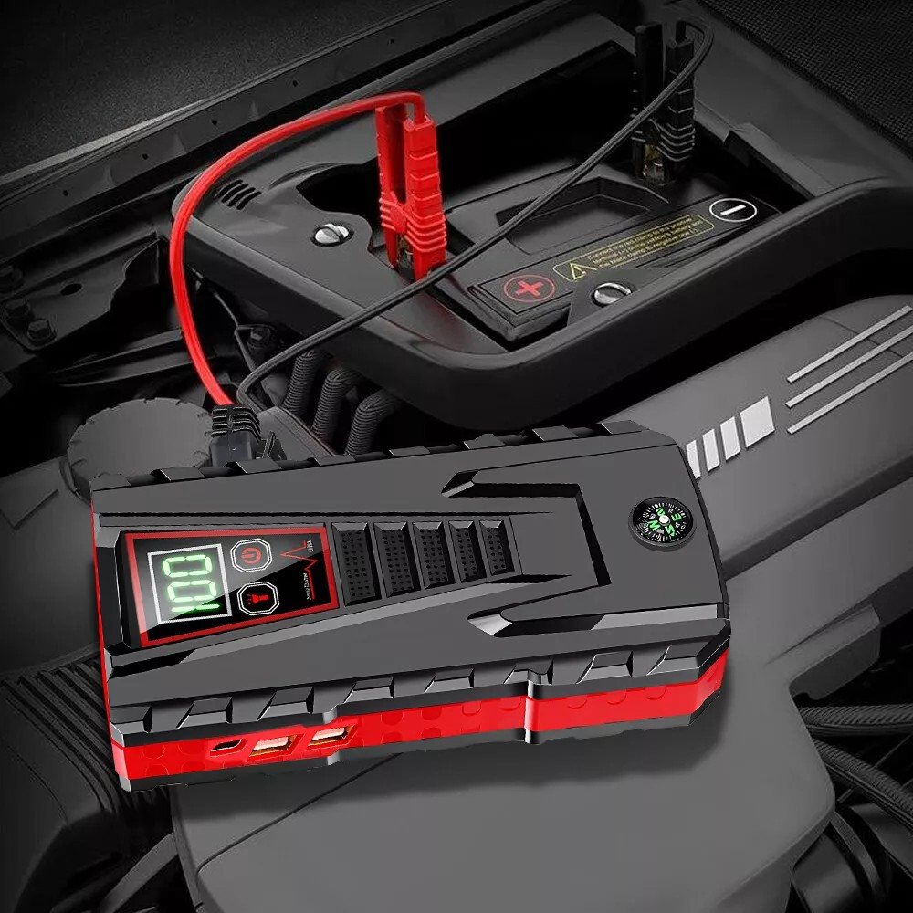 ultra powerful portable car starter emergency booster power bank for petrol dual interface   led flashlight multi purpose lcd display compass details 0