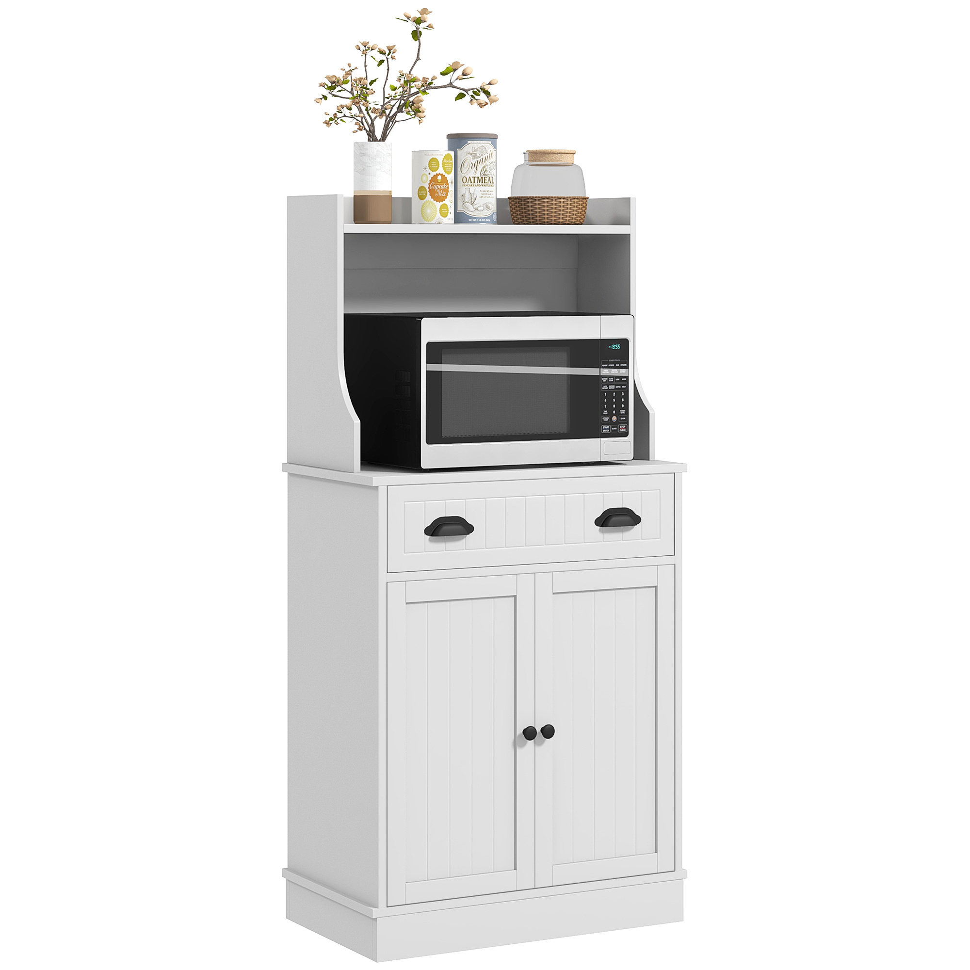 Homcom Microwave Cabinet, Kitchen Cabinet, 3-tier Adjustable Shelf, With , 1 Drawer And 2-door Cabinet, Kitchen Furniture, 61 X 35 X 125.4 Cm, White