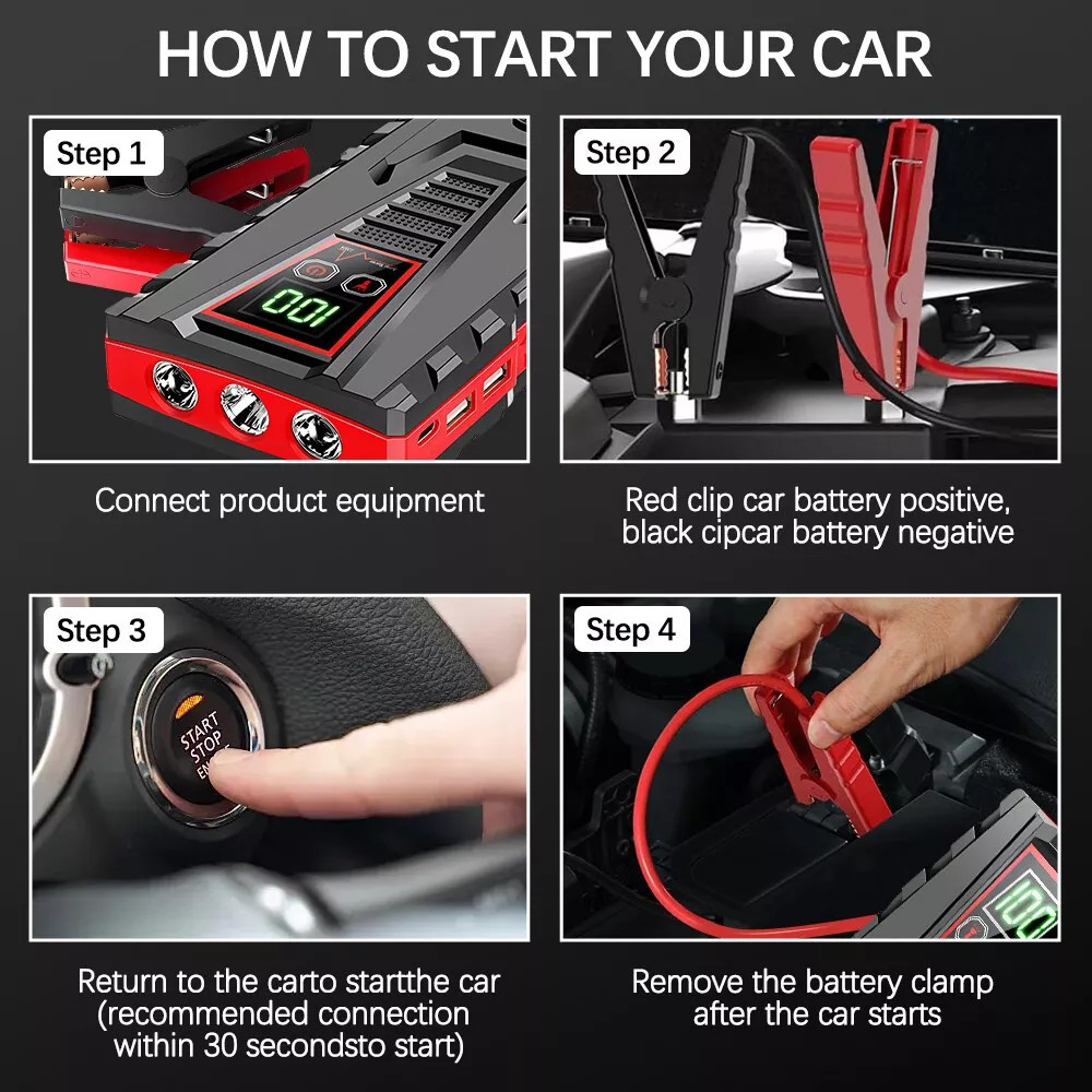 ultra powerful portable car starter emergency booster power bank for petrol dual interface   led flashlight multi purpose lcd display compass details 2