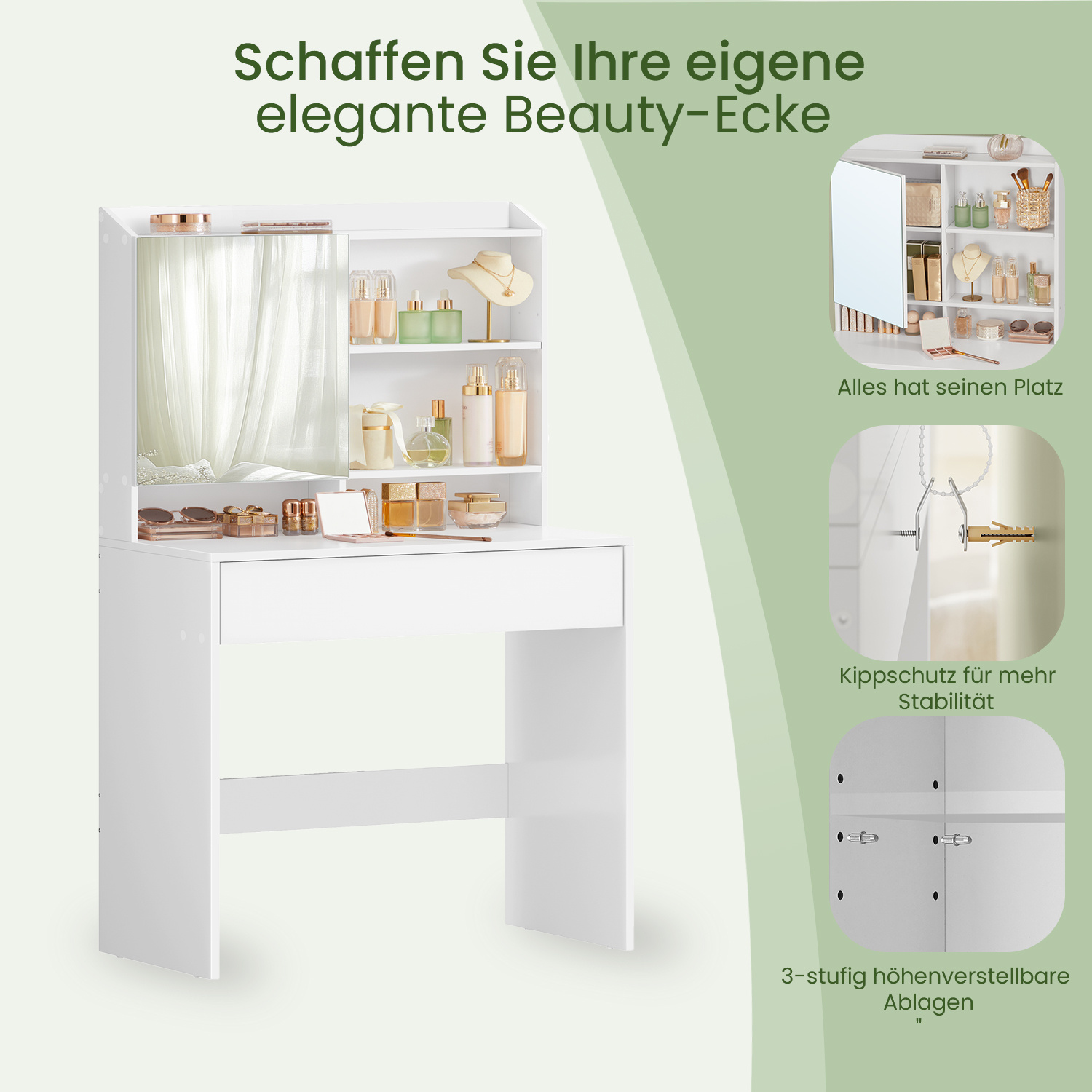 E-shop Schminktisch, Frisiertisch mit Spiegel und einer Schublade, Kosmetiktisch, verstellbare Ablagen, modern, 40 x 70 x 135 cm