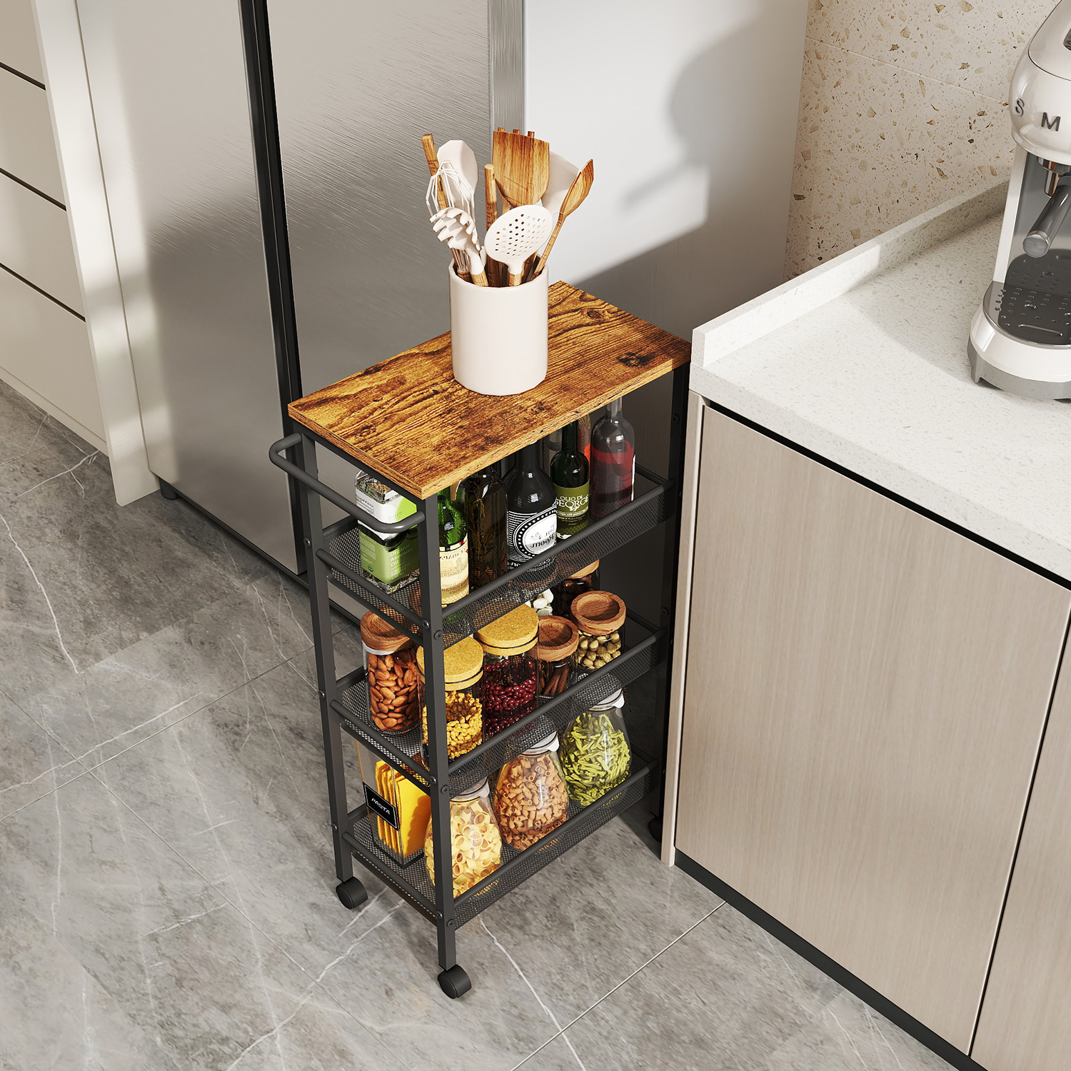 Rolling Trolley , Narrow Kitchen Trolley, Niche Shelf, Wheels, Steel, Handle, 22 X 45.4 X 77 Cm, Kitchen, Bathroom
