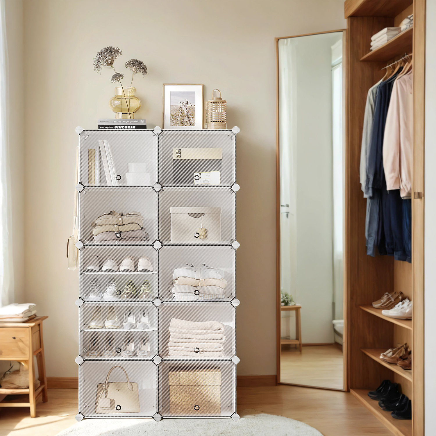 TEMU Shoe Rack With 10 Compartments, Shoe Cabinet, 30 X 40 X 30 Cm Per Compartment, Narrow, With Doors, , Plastic, For Hallway, Bedroom