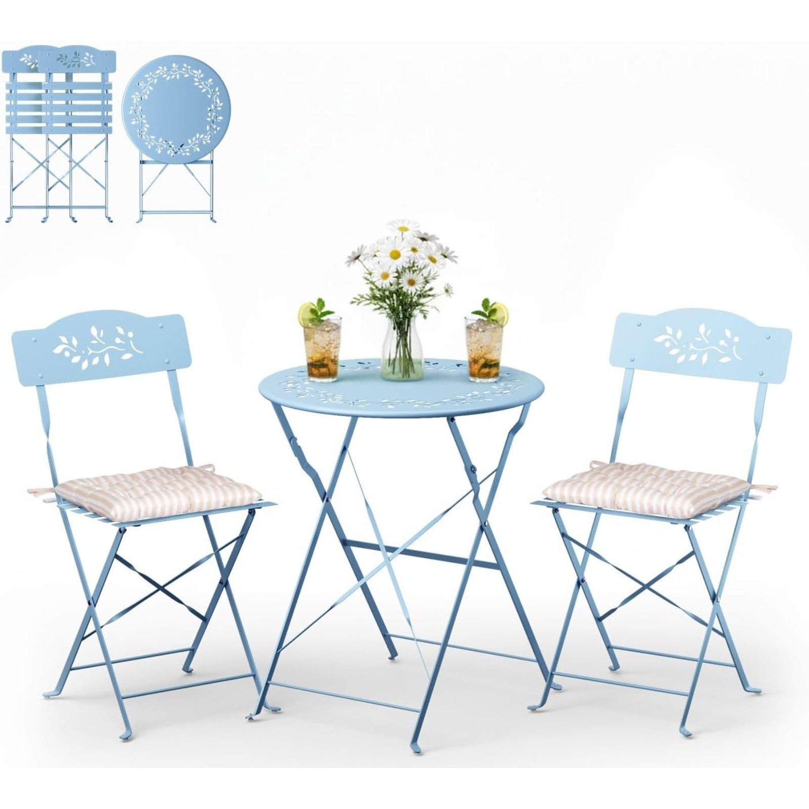 Image of Bonnlo 3-piece Steel Bistro Set With Seat Cushions – Bistro Table With 2 Folding Chairs, Garden Furniture Set, Openwork Design, Weather-resistant, For Balcony, Garden & , Light Blue