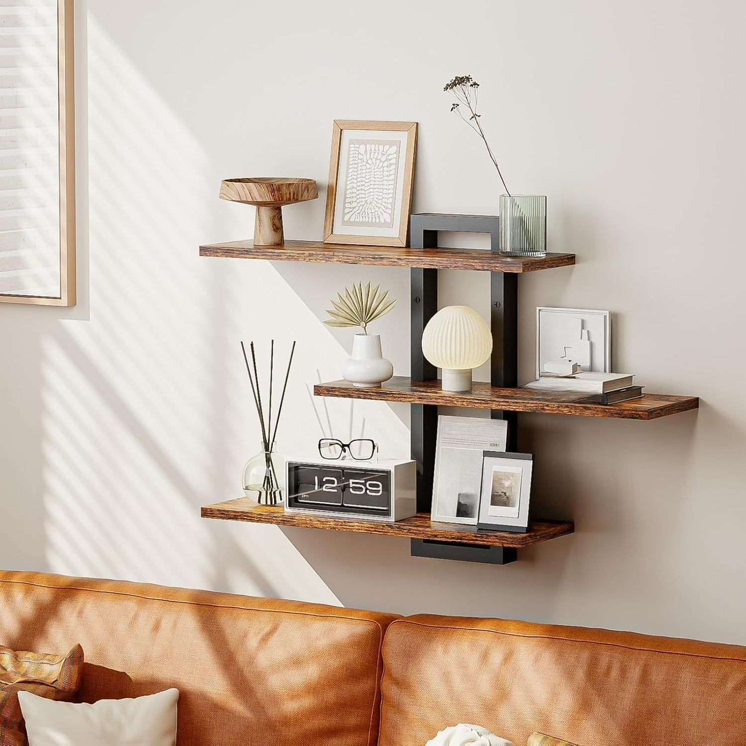 TEMU 3-tier Wall-mounted Floating Shelf With Metal Brackets, Sturdy Durable Rustic Wood Wall Shelf Storage Organizer For Books, Plants, Photos &