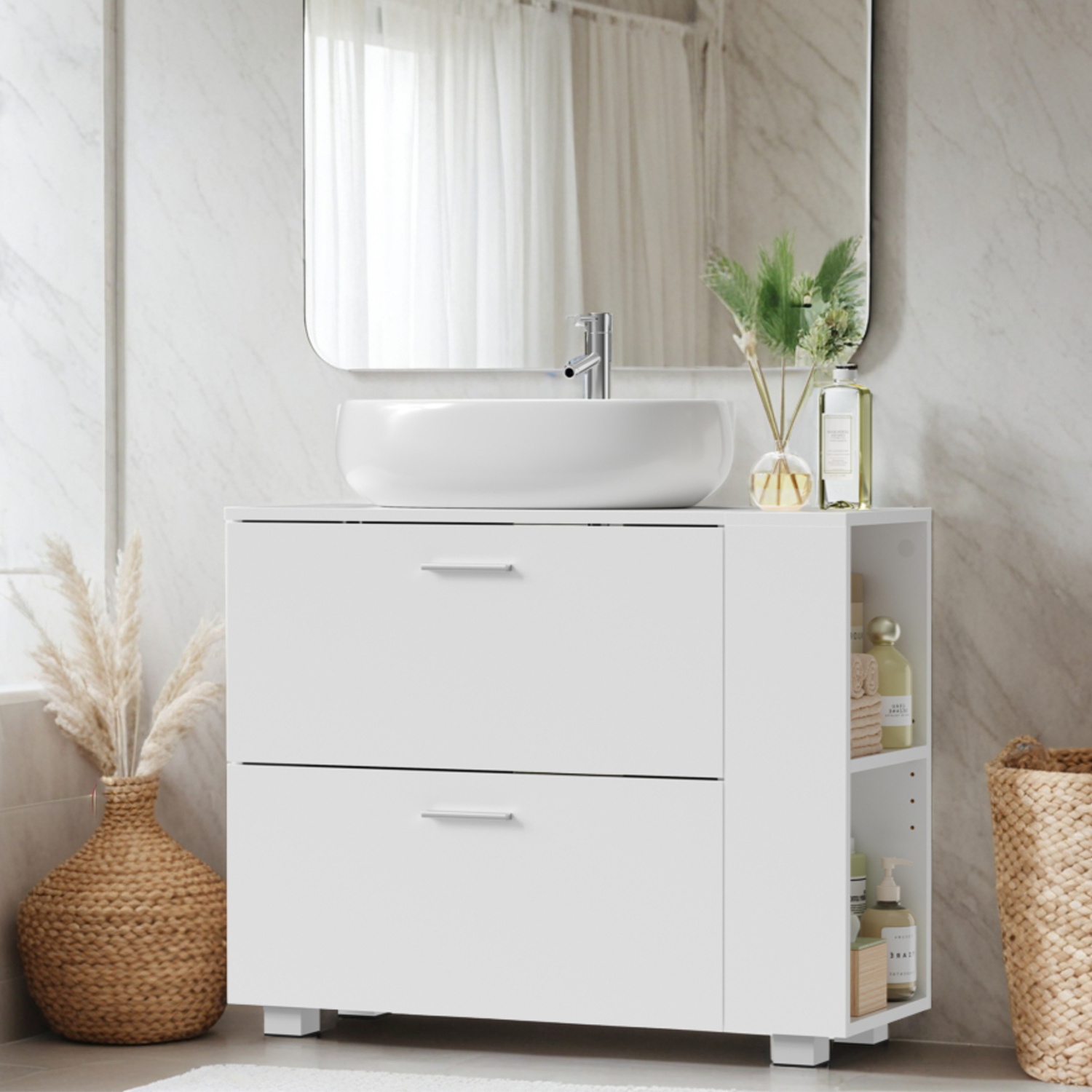Image of Sink Cabinet, Open Shelves, Bathroom Cabinet, Large Opening For Siphons, 30 X 80 Cm, White