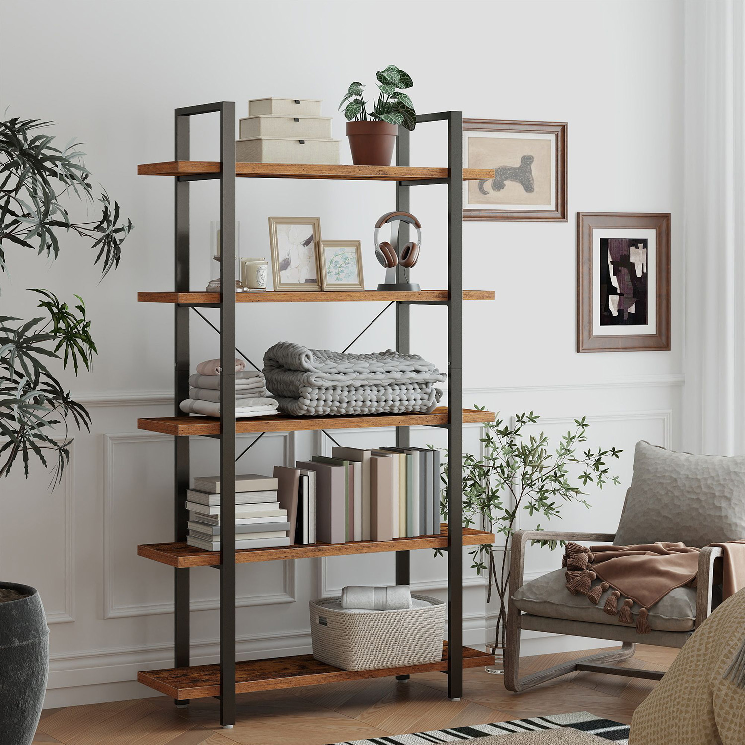 Image of Bookshelf, 5-tier Freestanding Shelf, Living Room Shelf, For Living Room, Bedroom, Office, -black