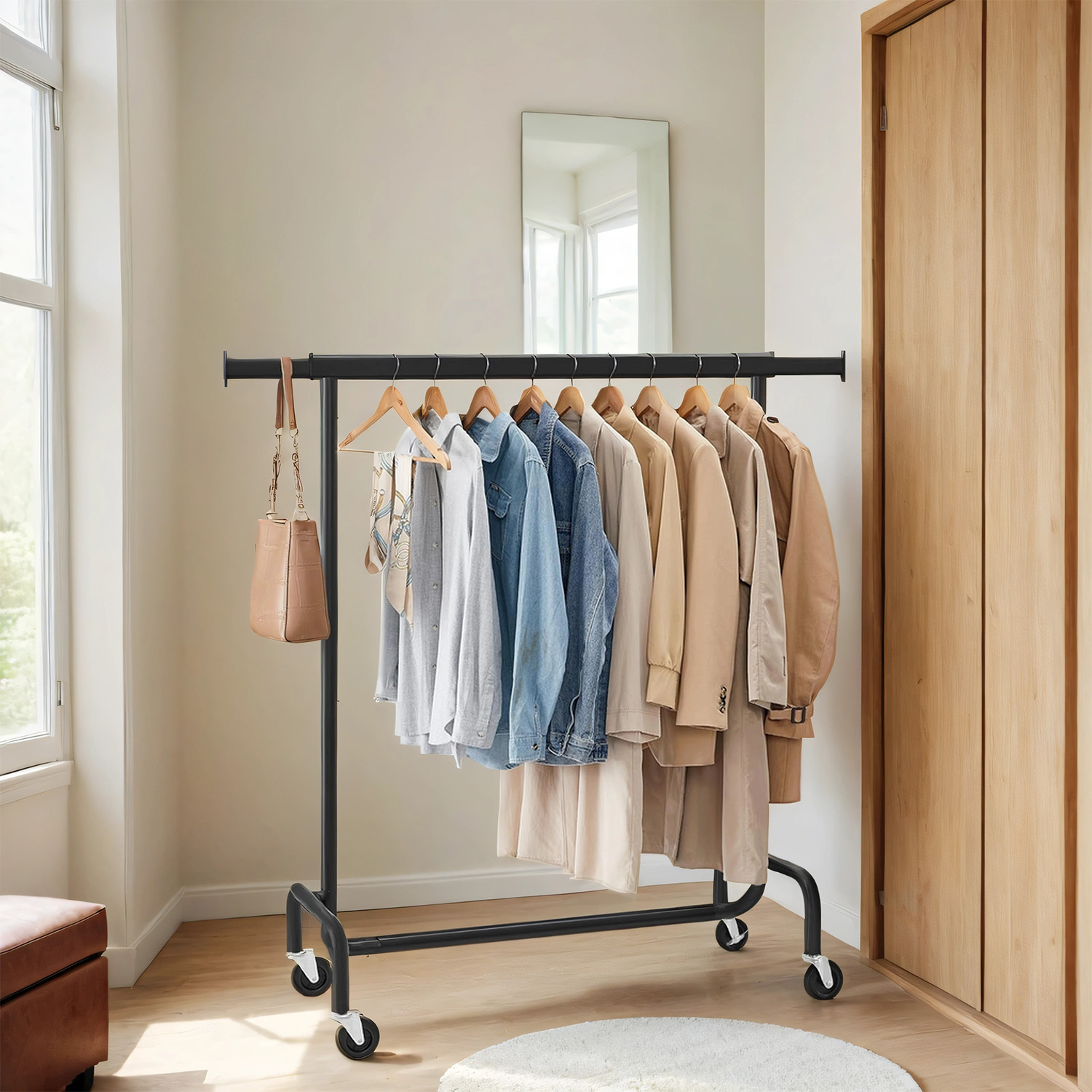 Clothing Racks On Wheels, Extendable Clothing Rod, Loadable Up To 130 Kg, 45 X (110-150) X 162.9 Cm