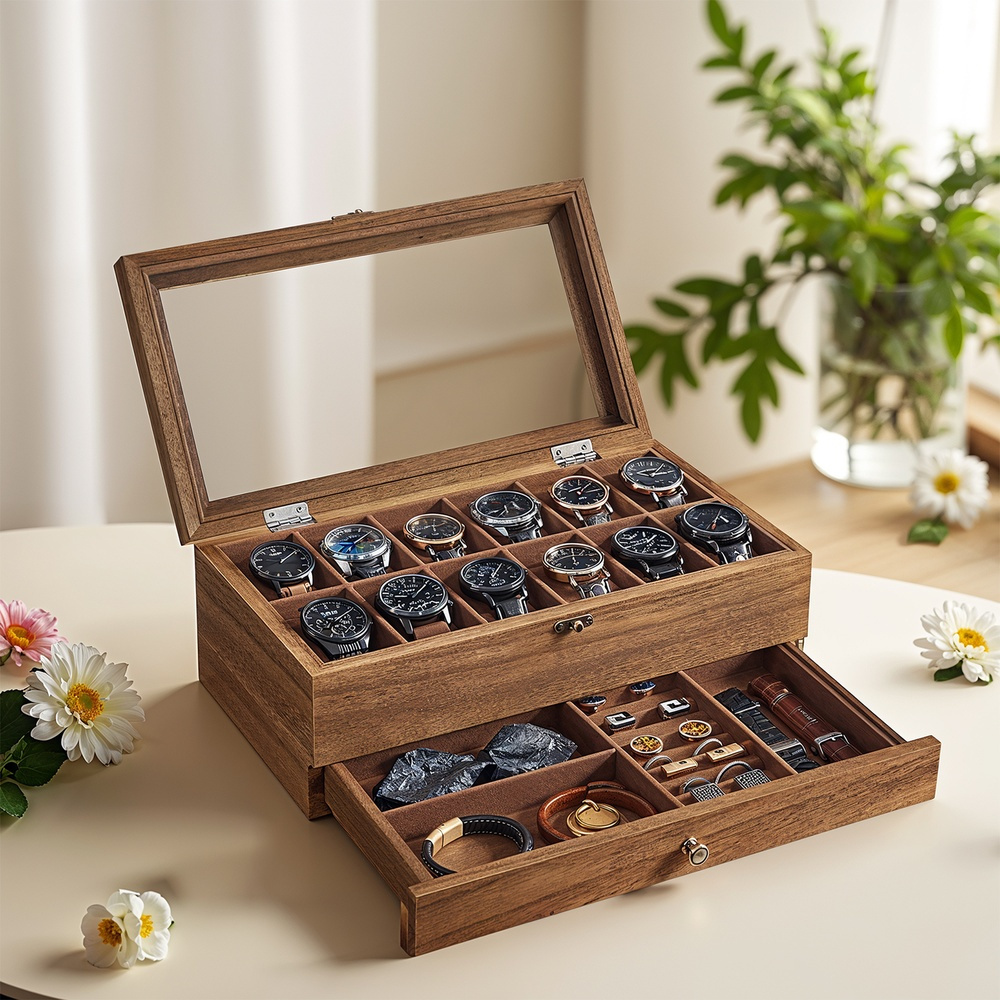 E-shop Uhrenkasten mit 12 Fächern, Uhrenbox mit Glasdeckel, Schublade unten, walnussfarben