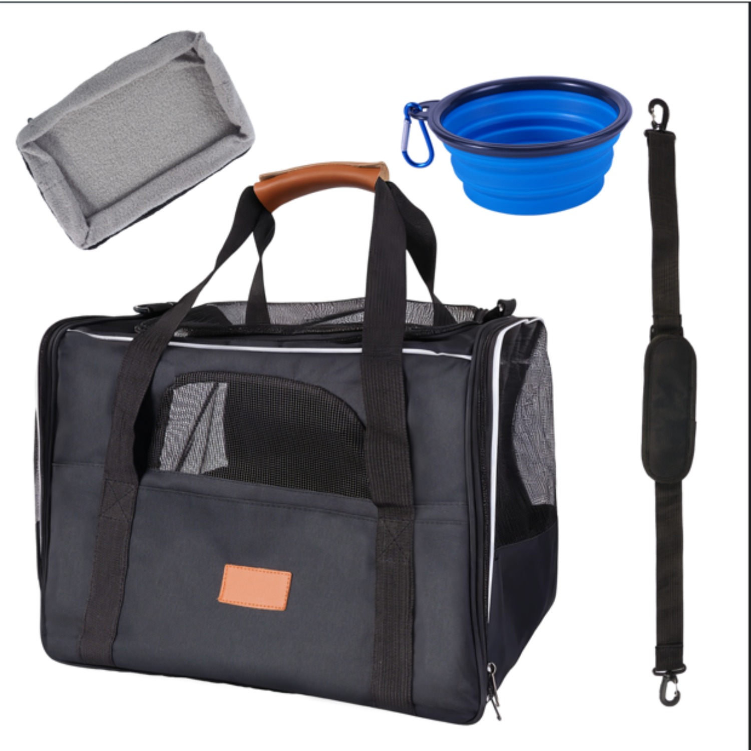 item picture portable   bag top opening removable mat and breathable mesh foldable transport carrier for dogs and cats with shoulder strap and pet bowl grey