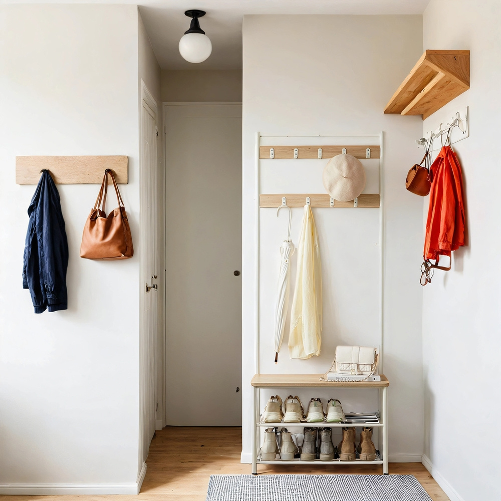 E-shop Garderobenständer, Garderobe, Kleiderständer, mit Schuhbank, 3-in-1 Design, Stahl, für Eingangsbereich, 32 x 70 x 175 cm
