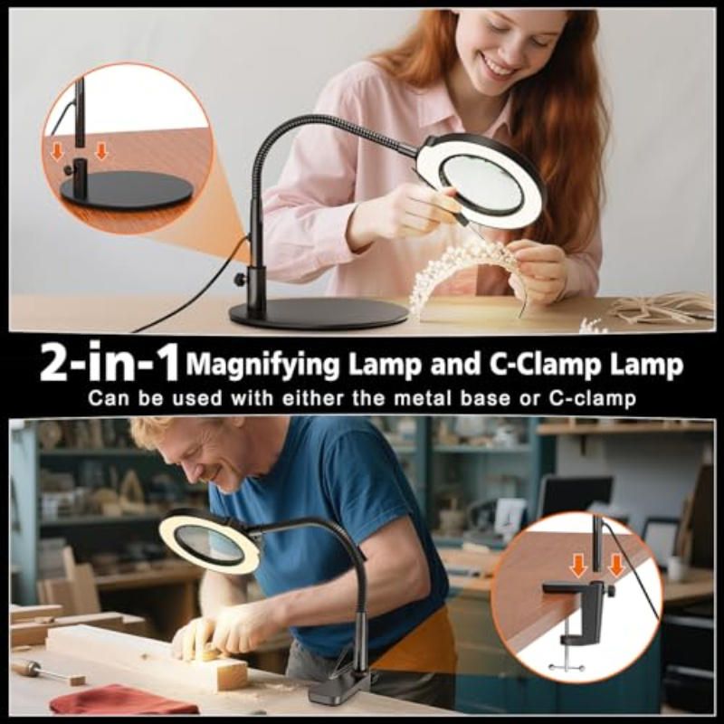 10X Magnifying Glass with Light and Stand, 5 Color Modes Stepless Dimmable LED Lighted Desk Lamp, Hands Free Flexible Gooseneck Magnifier with Light for Craft Hobby Painting Sewing Close Work,Christmas Gift