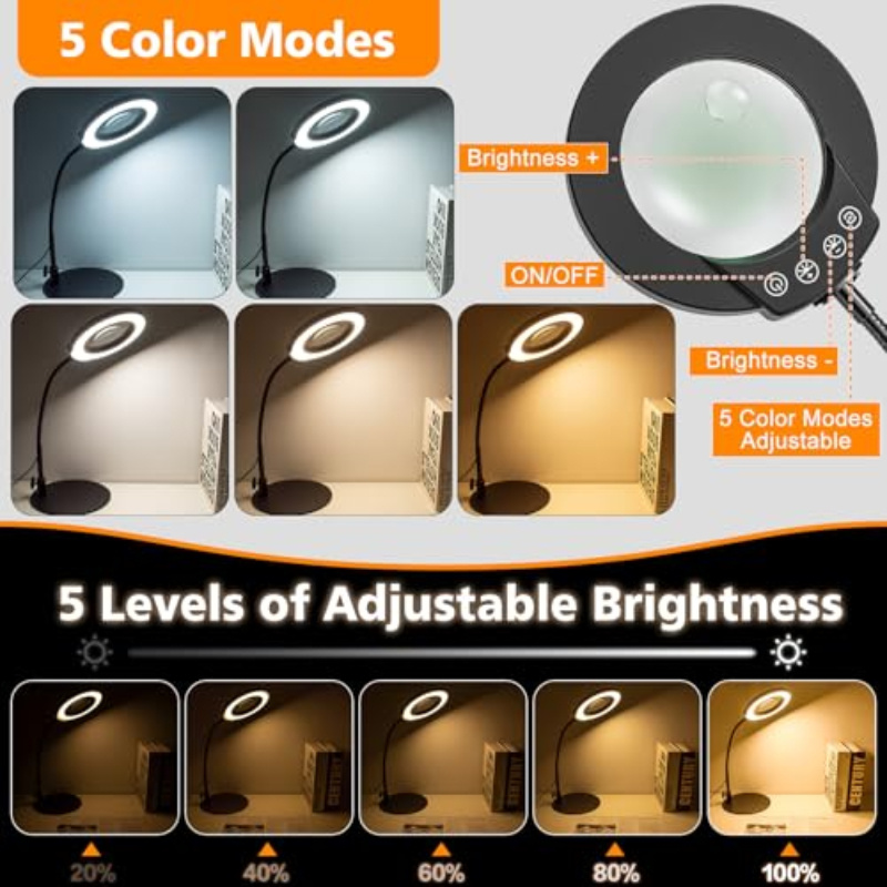 10X Magnifying Glass with Light and Stand, 5 Color Modes Stepless Dimmable LED Lighted Desk Lamp, Hands Free Flexible Gooseneck Magnifier with Light for Craft Hobby Painting Sewing Close Work,Christmas Gift