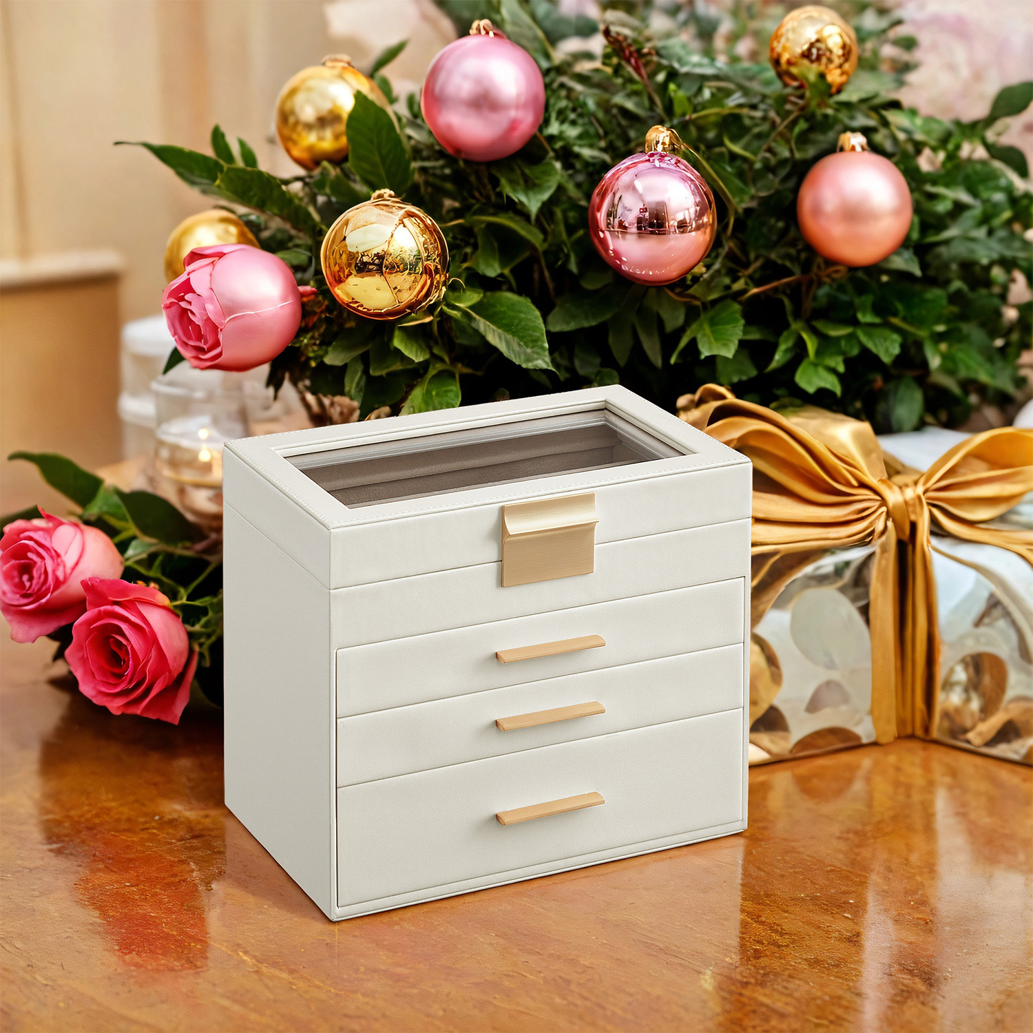 Image of 4-tier Jewelry Box With 5 Drawers, Glass Lid, For Large Jewelry Pieces, White