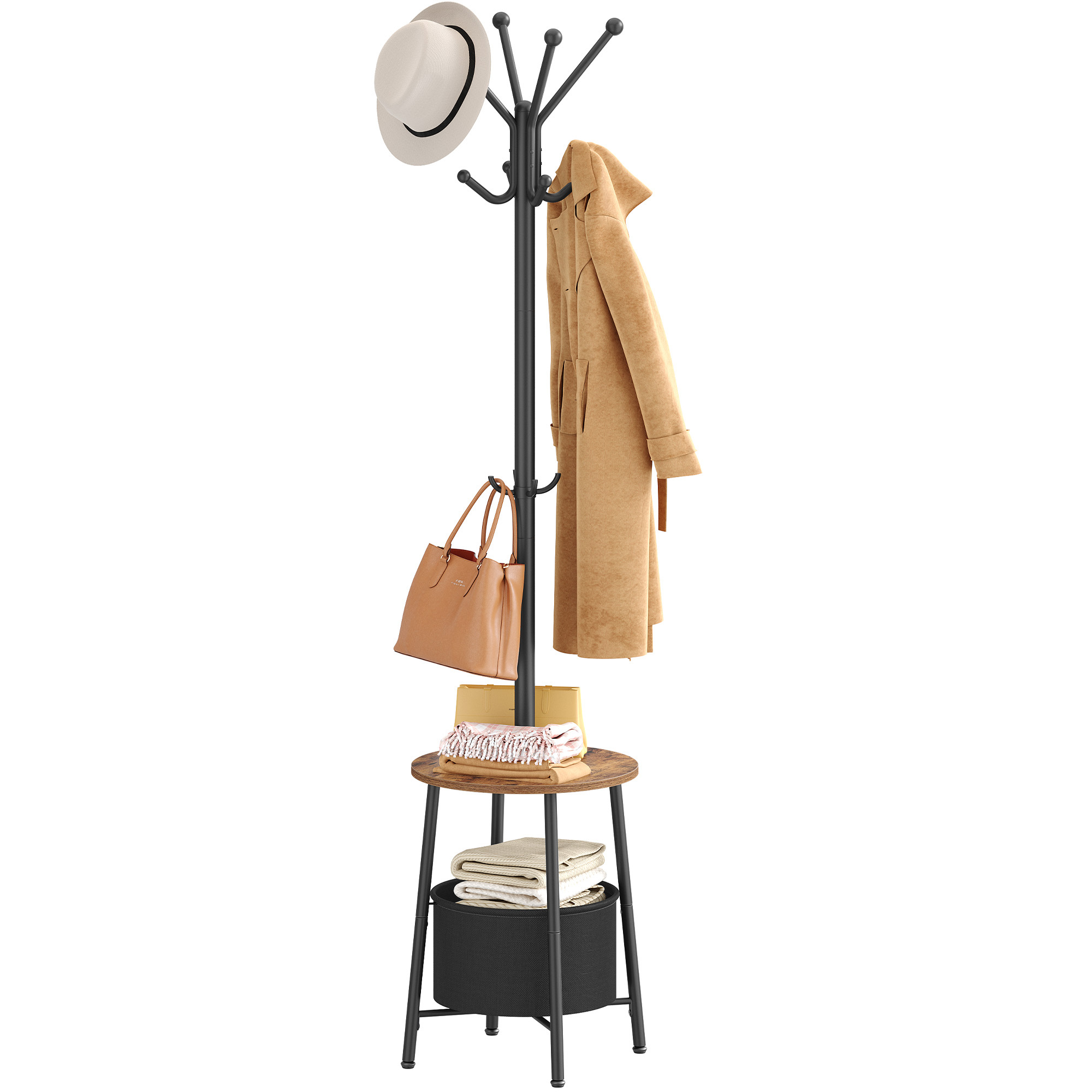 TEMU Perchero de pie con cesta grande, 12 ganchos y 1 estante para bufandas, bolsos y sombreros. Ideal para sala de estar y dormitorio. Marrón y