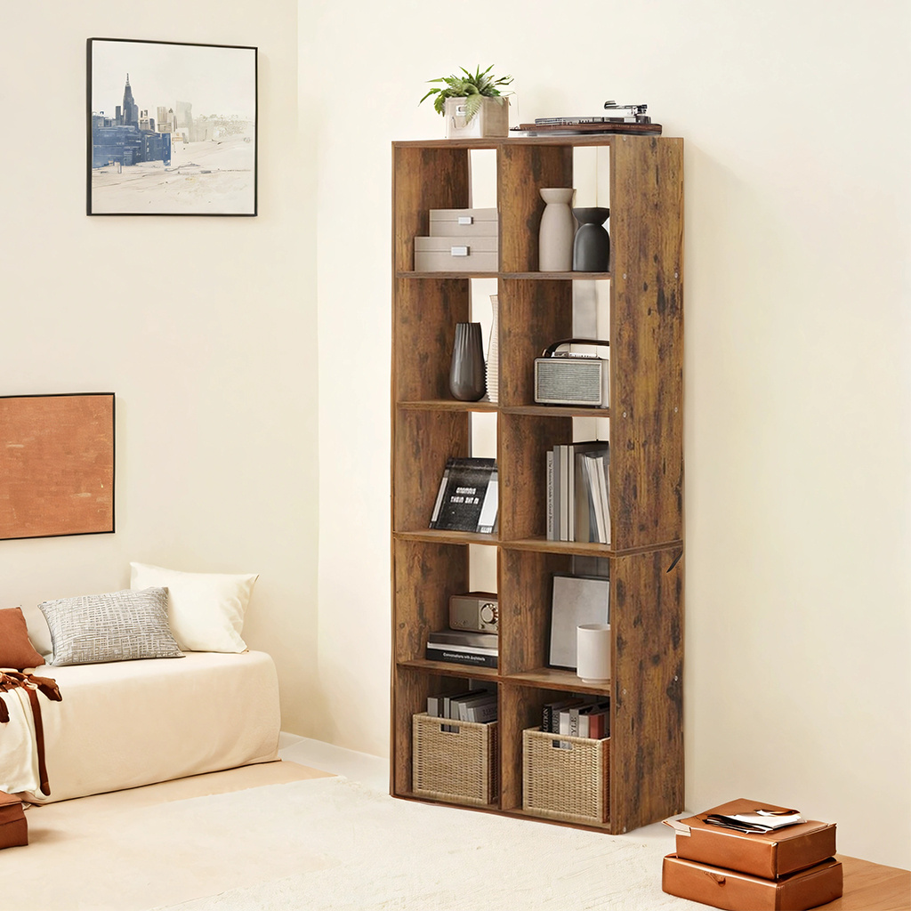 Bookshelf With 10 Compartments, Floor-standing Shelf, Storage Shelf, For Living Room, Bedroom, Brown