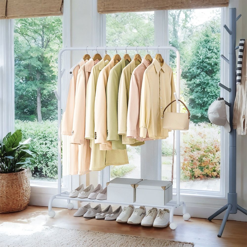 Steel Tube Rolling Clothes Rack, Multifunctional Garment Rack With Wheels, Wardrobe Rod Stand