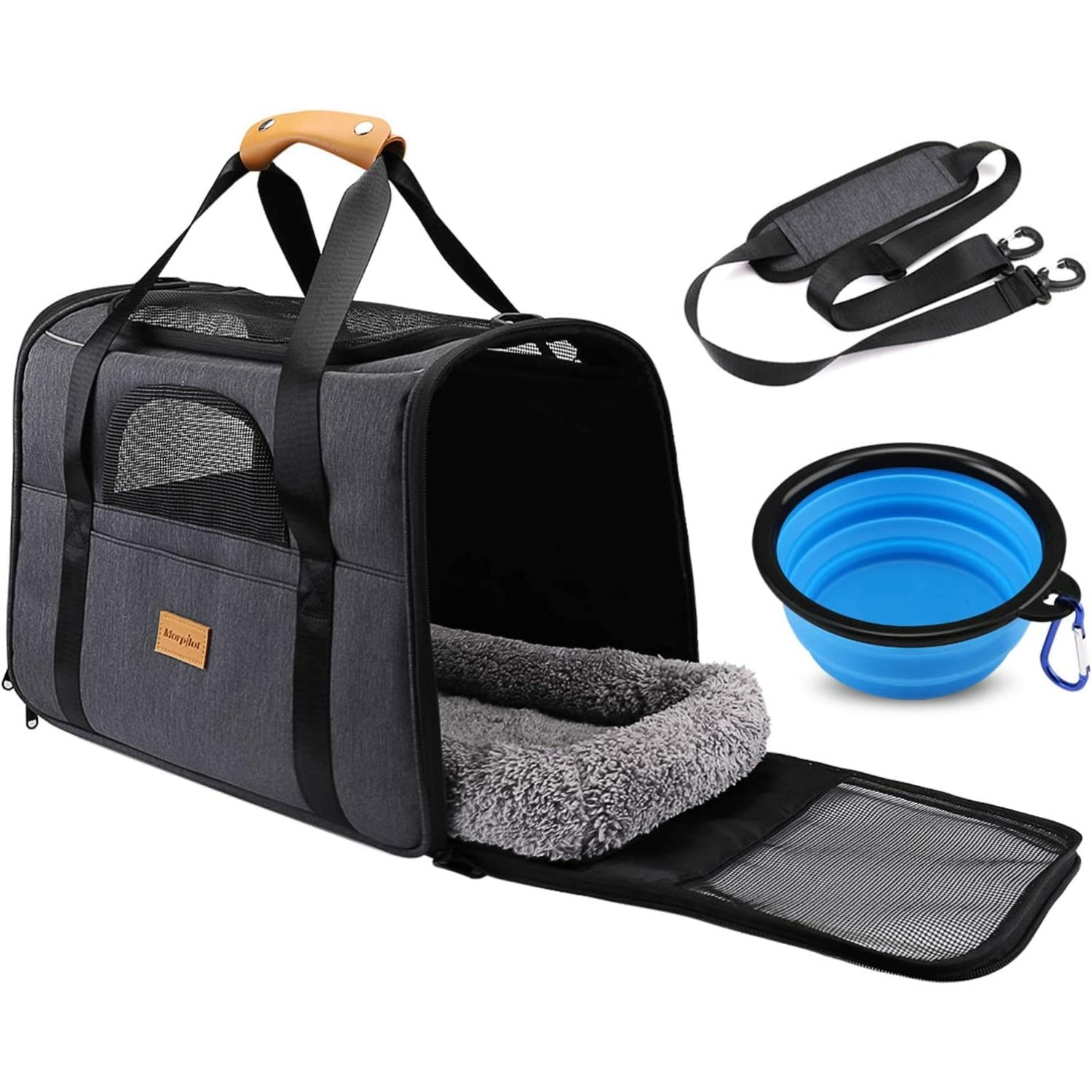 portable   bag top opening removable mat and breathable mesh foldable transport carrier for dogs and cats with shoulder strap and pet bowl grey