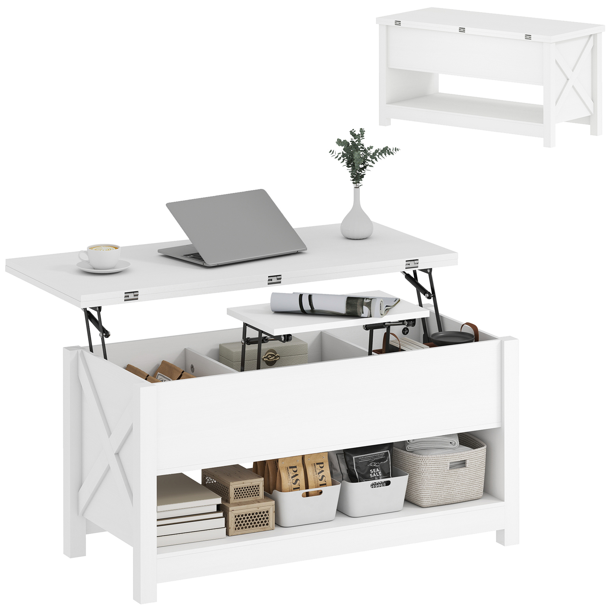 HOMCOM Mesa de Centro Elevable y Extensible, Mesa de Salón con Compartimentos Ocultos,...