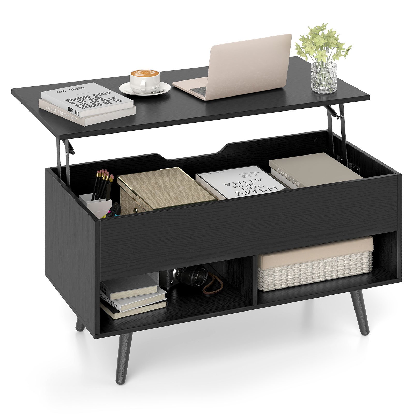 TEMU Ergomaster Lift Top Coffee Table, Mid Century Modern Accent Table With Hidden Compartment & Open Storage Shelves, Center Table With Heavy-duty