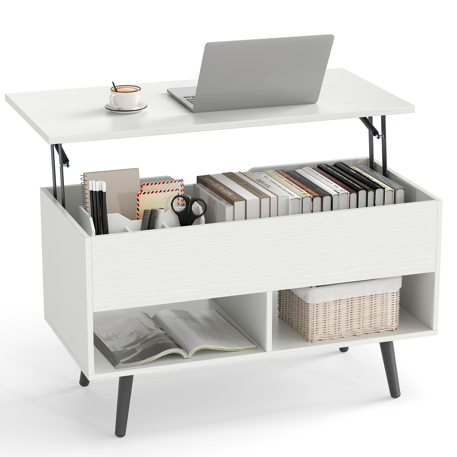 TEMU Ergomaster Lift Top Coffee Table, Mid Century Modern Accent Table With Hidden Compartment & Open Storage Shelves, Center Table With Heavy-duty