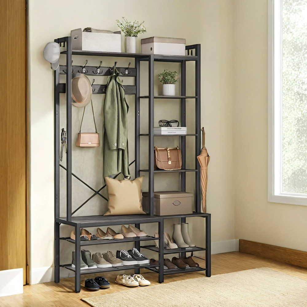 E-shop Garderobenständer mit Schuhbank, Garderobe, 5 Regalebenen aus Spanplatten, 9 Dreifach-Haken, 6 seitliche Haken