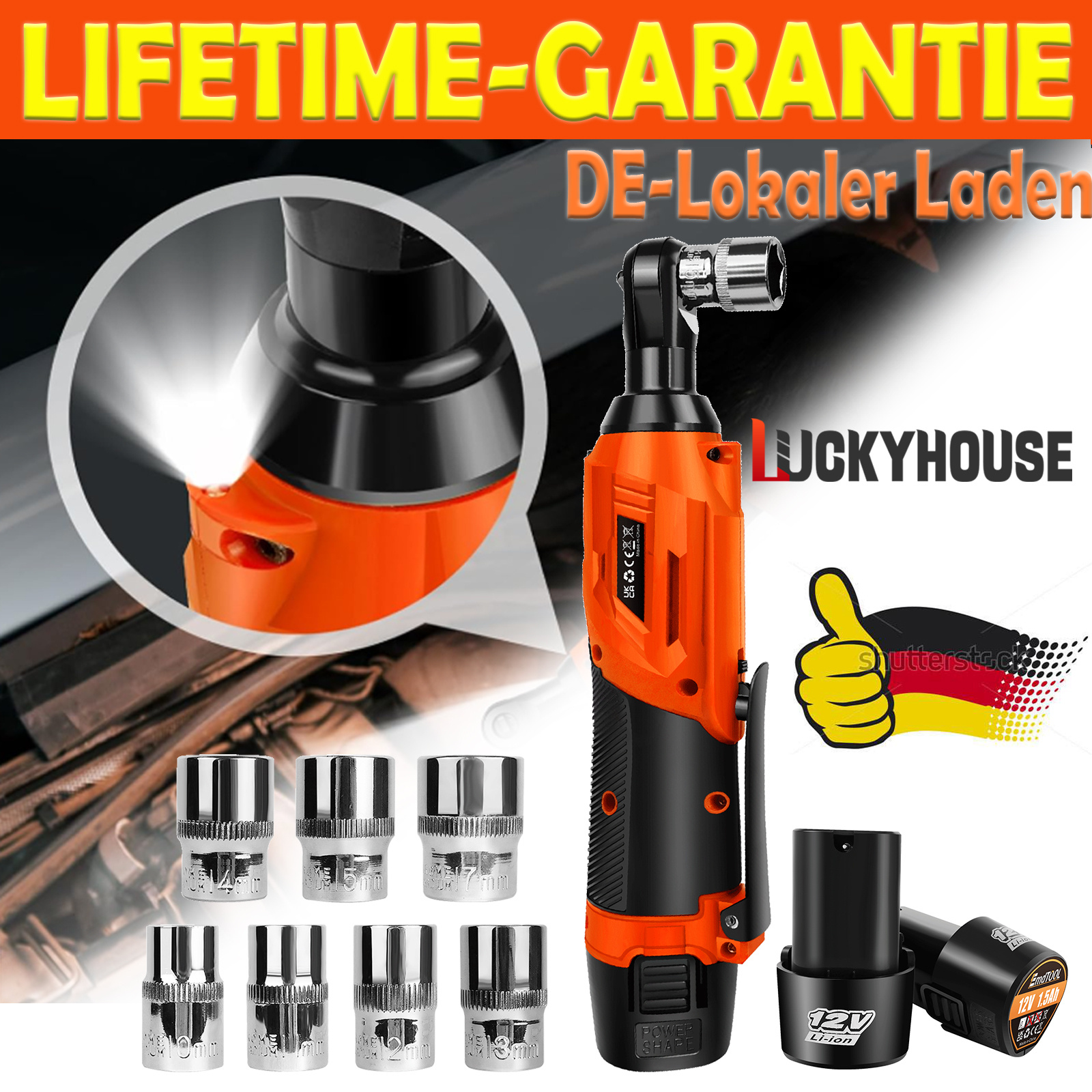 E-shop 12V Akku-Ratsche-Schraubenschlüssel-Set 3/8 Zoll, 45 N.M Hochdrehmoment 90° Winkel-Schraubenschlüssel mit LED-Arbeitslicht +7 Steckschlüssel für