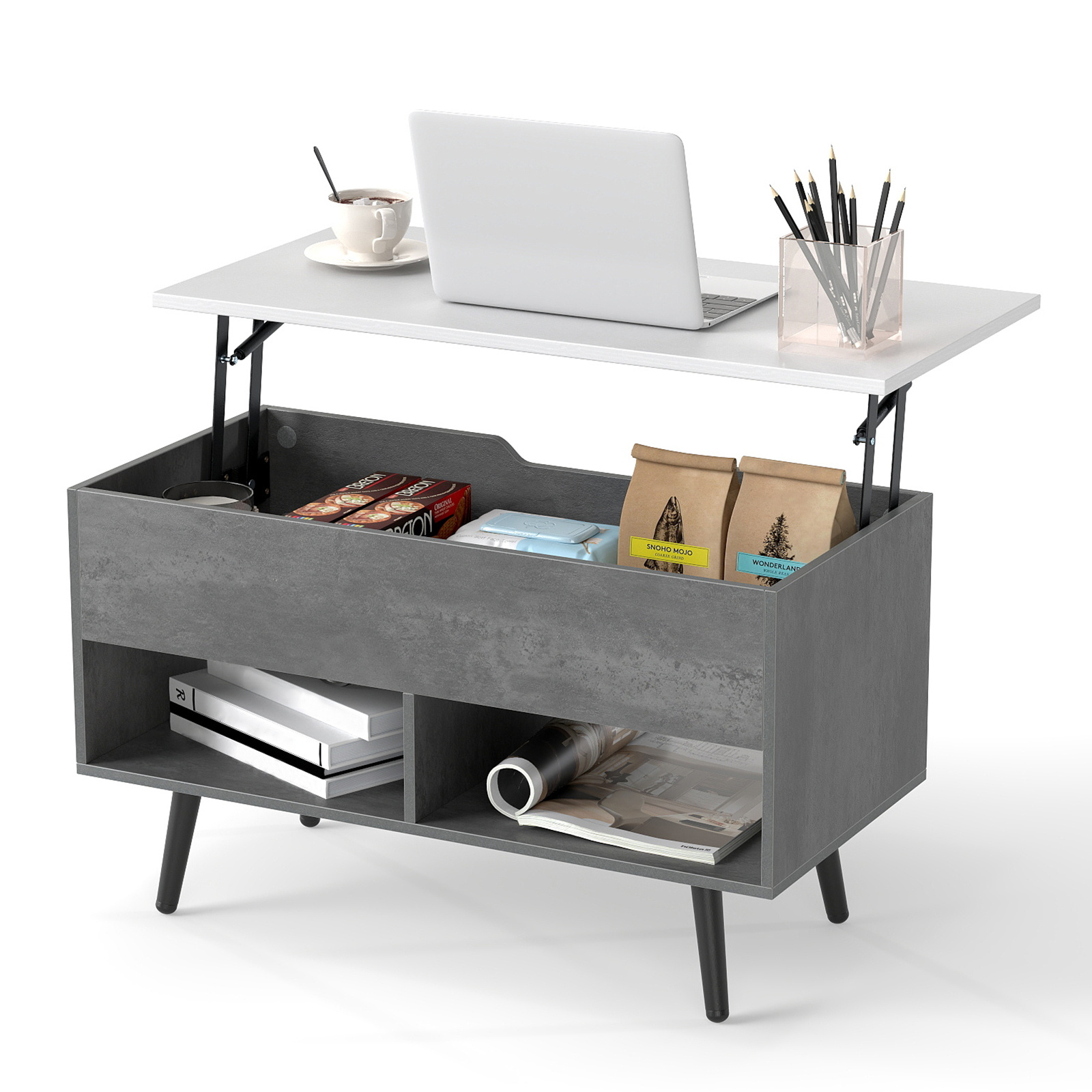 TEMU Ergomaster Lift Top Coffee Table, Mid Century Modern Accent Table With Hidden Compartment & Open Storage Shelves, Center Table With Heavy-duty