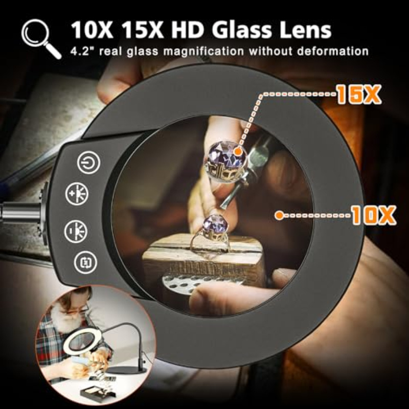 10X Magnifying Glass with Light and Stand, 5 Color Modes Stepless Dimmable LED Lighted Desk Lamp, Hands Free Flexible Gooseneck Magnifier with Light for Craft Hobby Painting Sewing Close Work,Christmas Gift