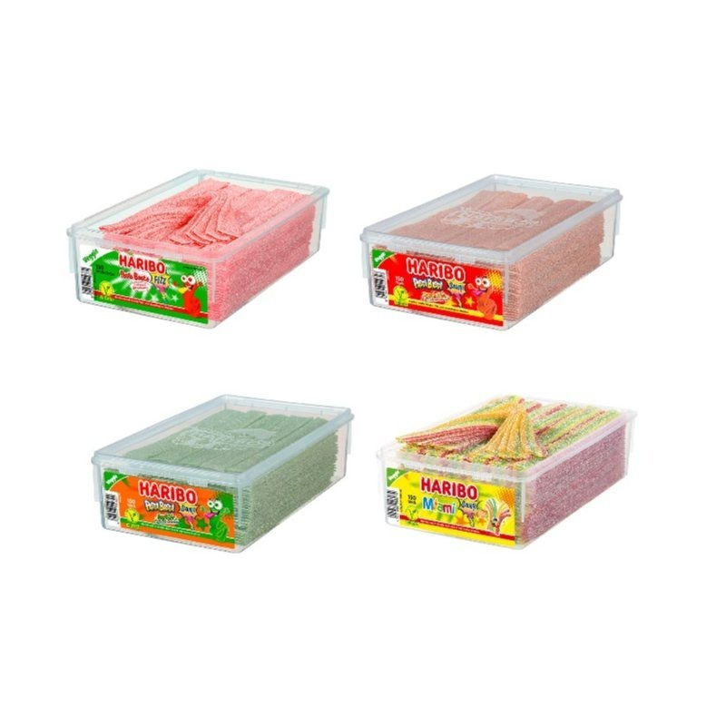 Image of 4 Cans Haribo Pasta Basta Mix Of 4 Varieties, 1125g Sour Fruit Gummies - Miami / Strawberry / / Cola