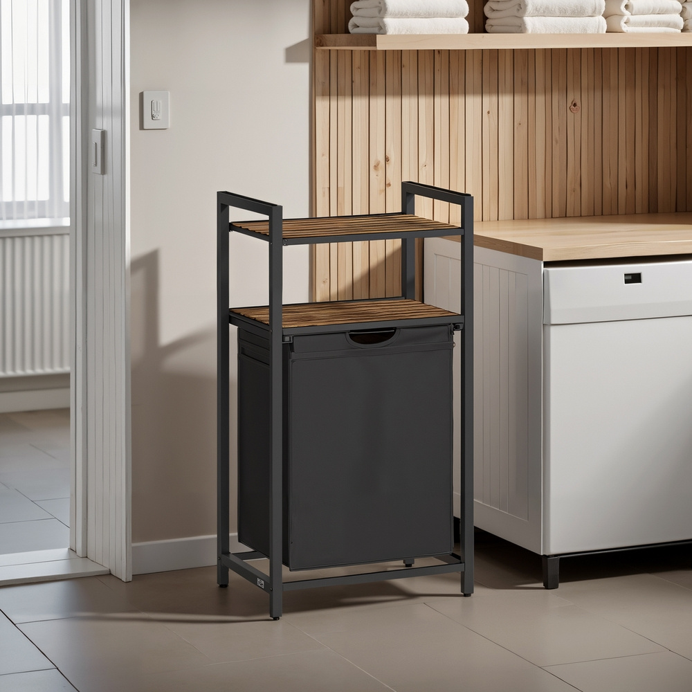 Laundry Basket, Laundry Collector With 2 Shelves, Retractable And Removable Laundry Bag, 65 , -black