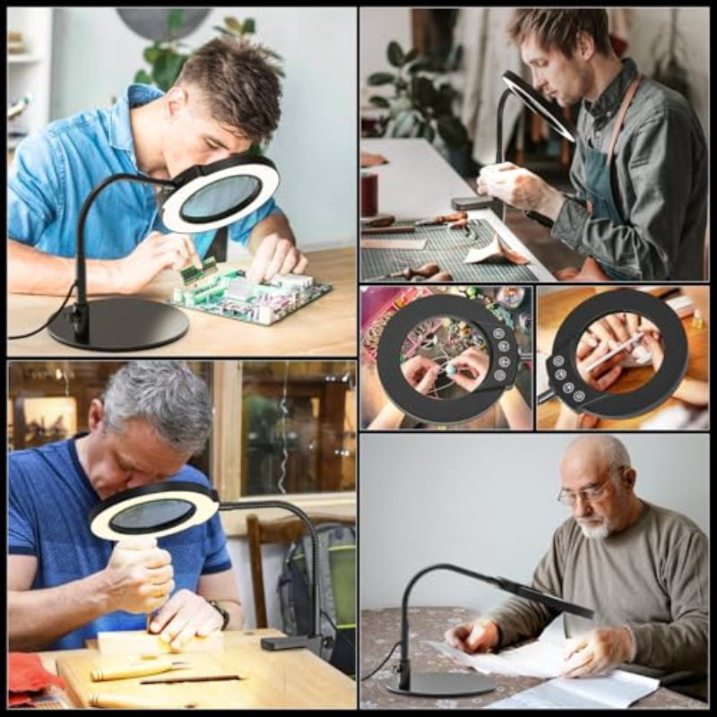 10X Magnifying Glass with Light and Stand, 5 Color Modes Stepless Dimmable LED Lighted Desk Lamp, Hands Free Flexible Gooseneck Magnifier with Light for Craft Hobby Painting Sewing Close Work,Christmas Gift