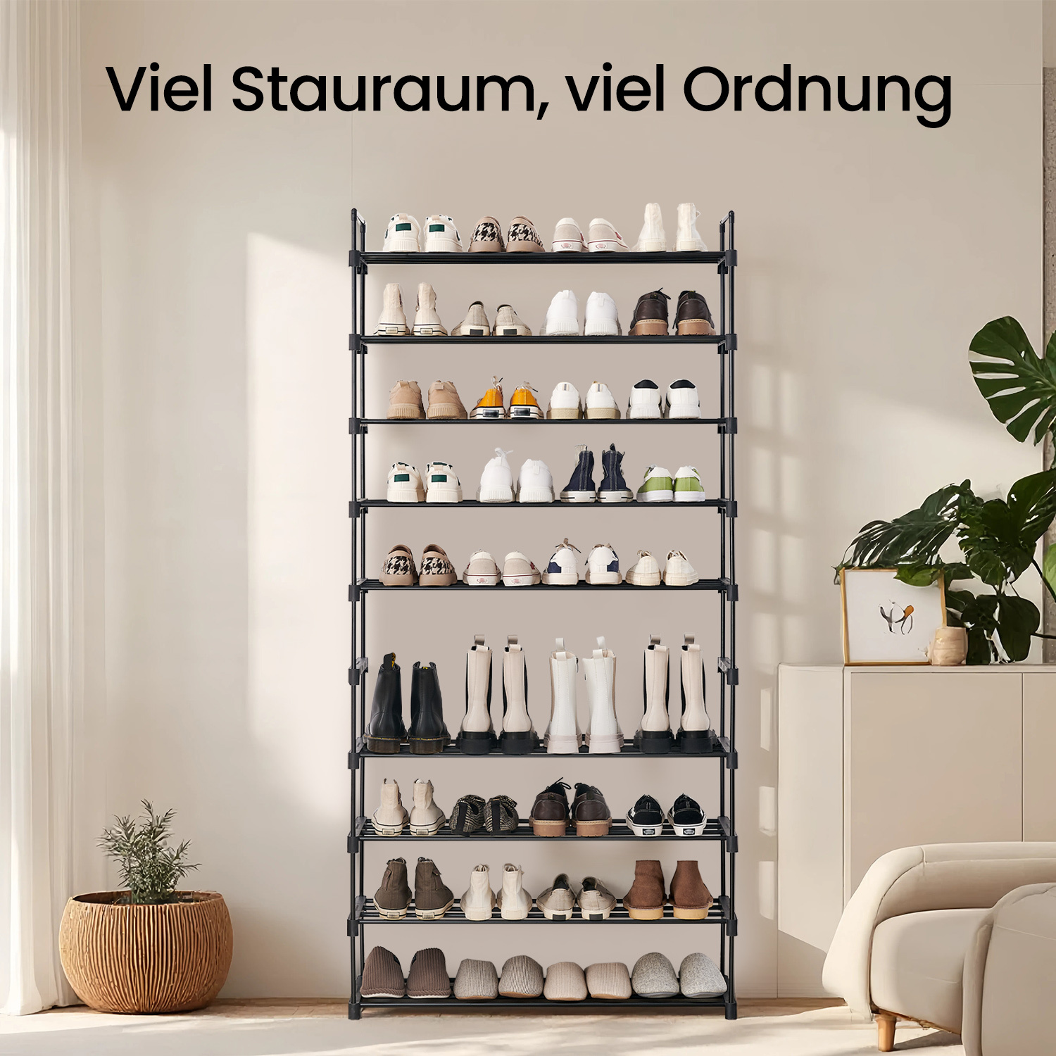 Image of Storage Shelf, Shoe Rack, Cabinet, 10-tier, Tall And Narrow, Metal Material, Sturdy And Durable, Suitable For Living Room, Hallway, Black