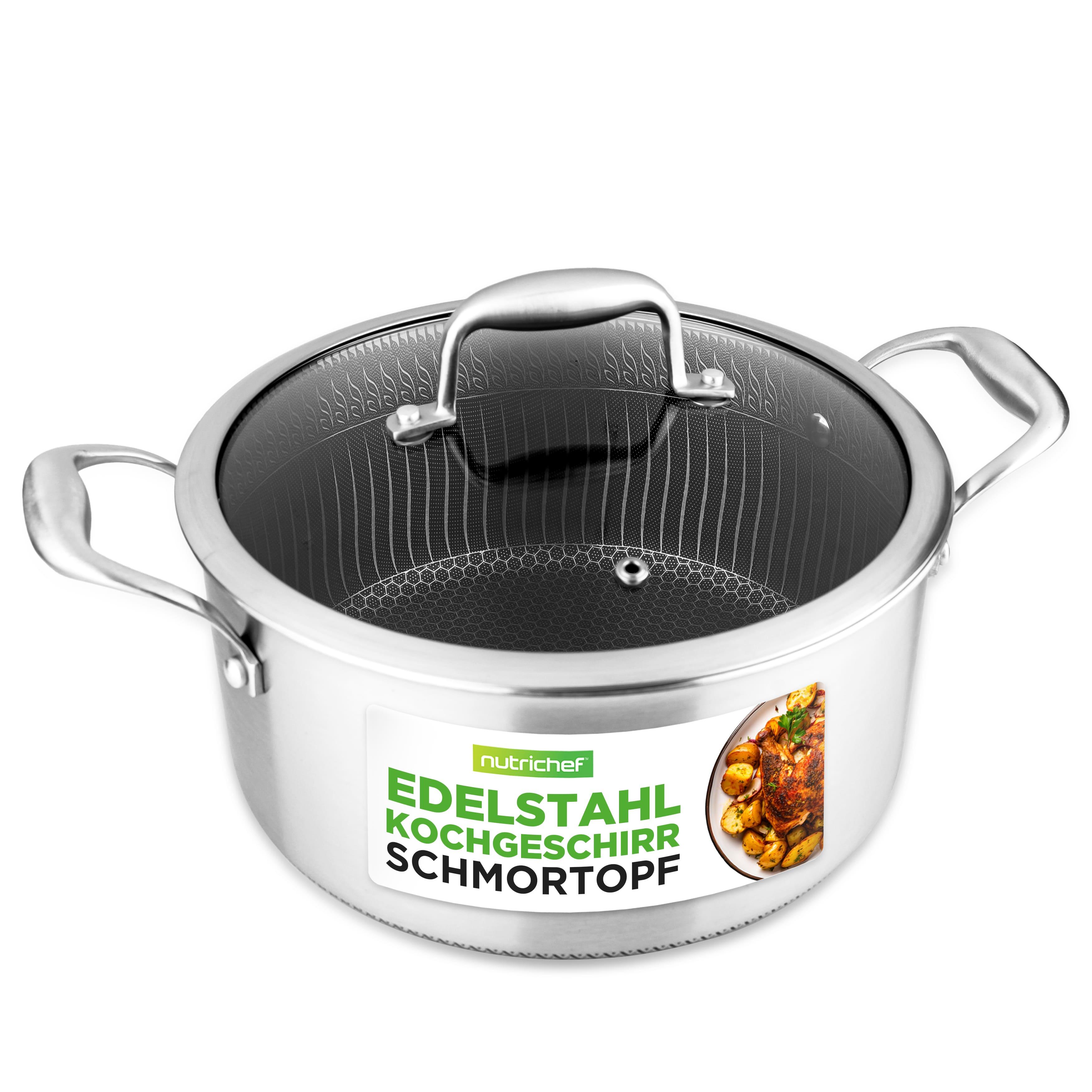 E-shop NutriChef 5QT Edelstahl-Eintopfpfanne - Eintopfpfanne mit Glasdeckel - Antihaftbeschichtung, erhöhter Wabenmuster-Rissfestigkeit, Sortiert
