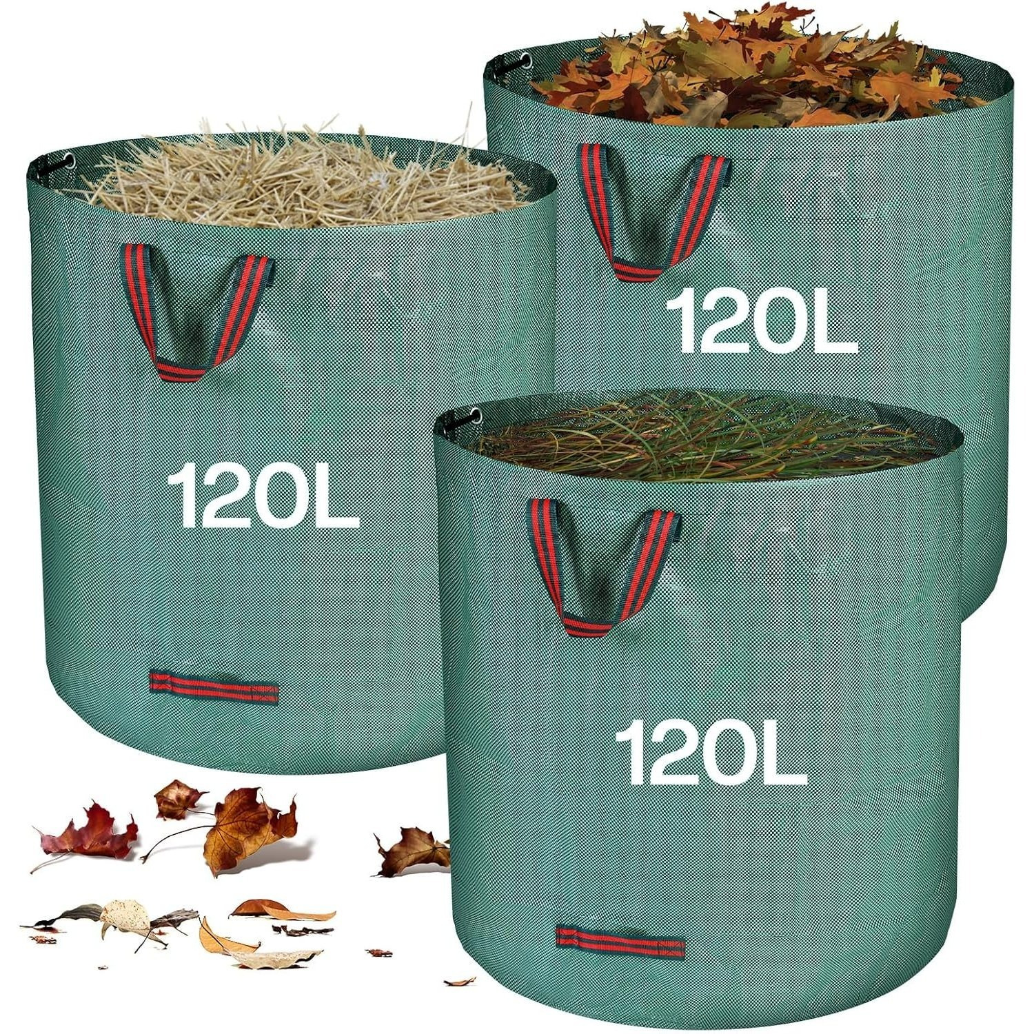 E-shop 3 Stück - 120L Gartenmüllbeutel, Gartenabfallsack, Laubsack mit Griff, grüner Schneidesack, faltbar, , aus Polypropylen-Gewebe, Gartenabfall,