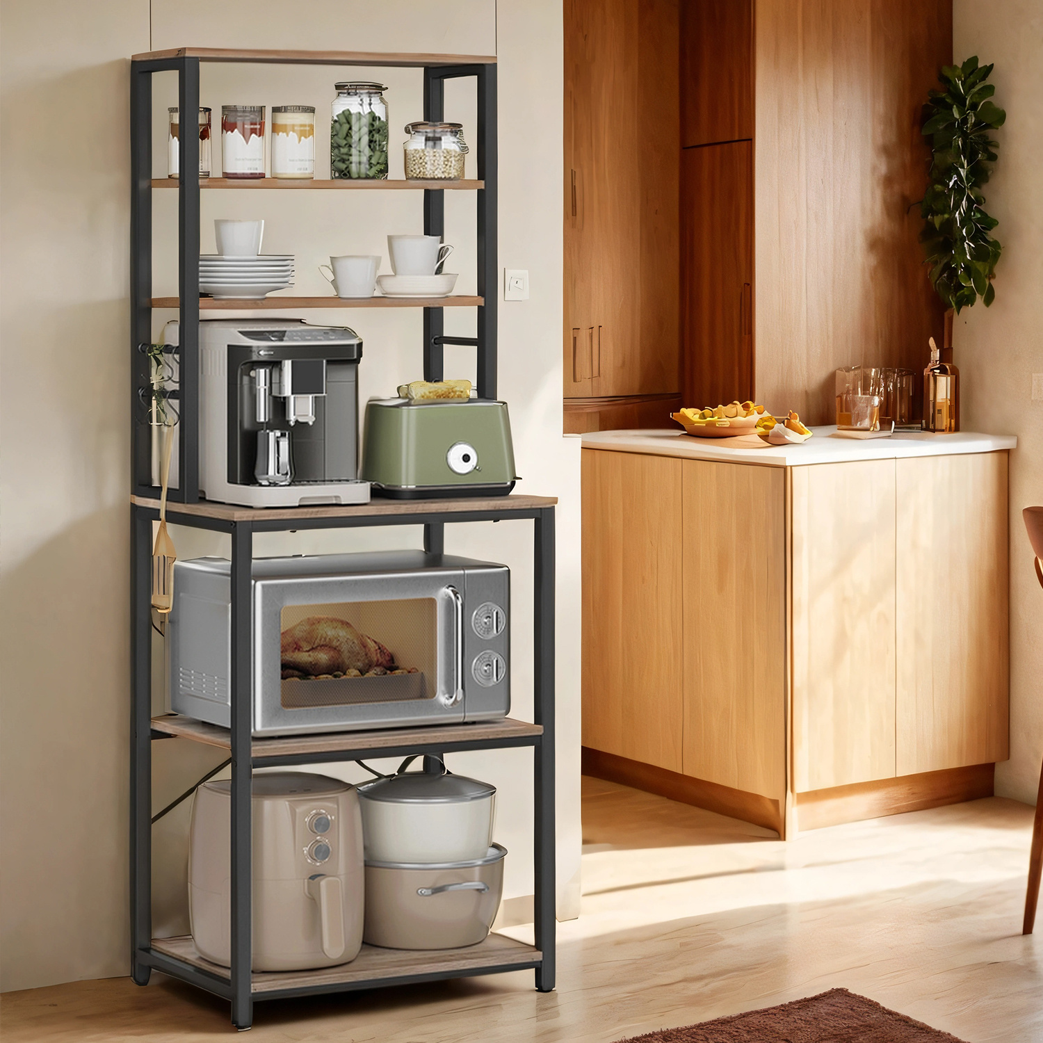 Image of Freestanding Microwave Shelf, 40 X 60 X 167 Cm, 6 Shelves And 6 Hooks, For Kitchen Or Living Room