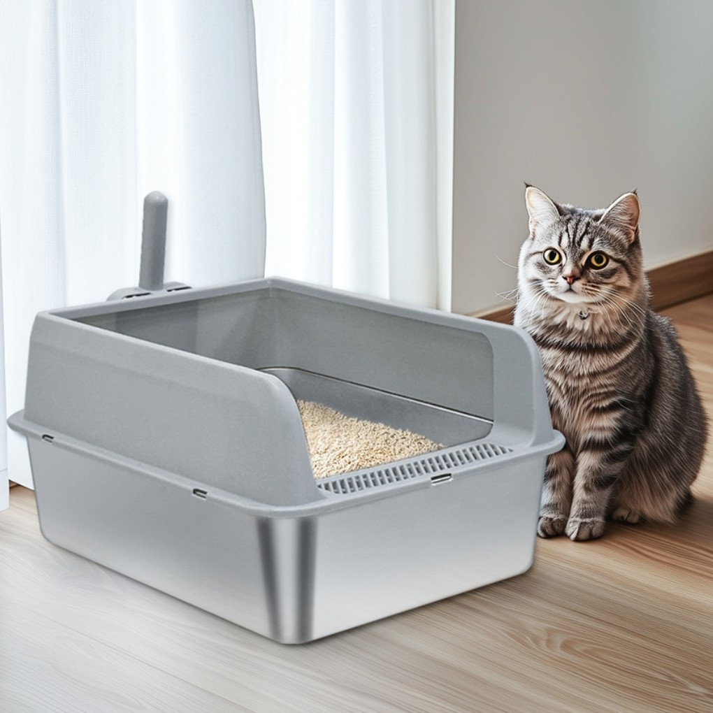 E-shop Extra große Edelstahl-Katzenklo - 52cmL x 33cmB, , rostfrei, leicht zu reinigen, schneller Aufbau, geräumiges Design für 3+ erwachsene Katzen,