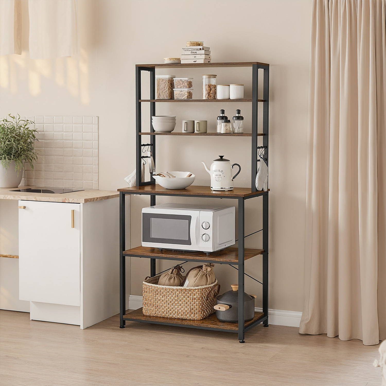 Kitchen Shelf, Standing Shelf, Microwave Shelf, 6 Compartments, 6 Hooks
