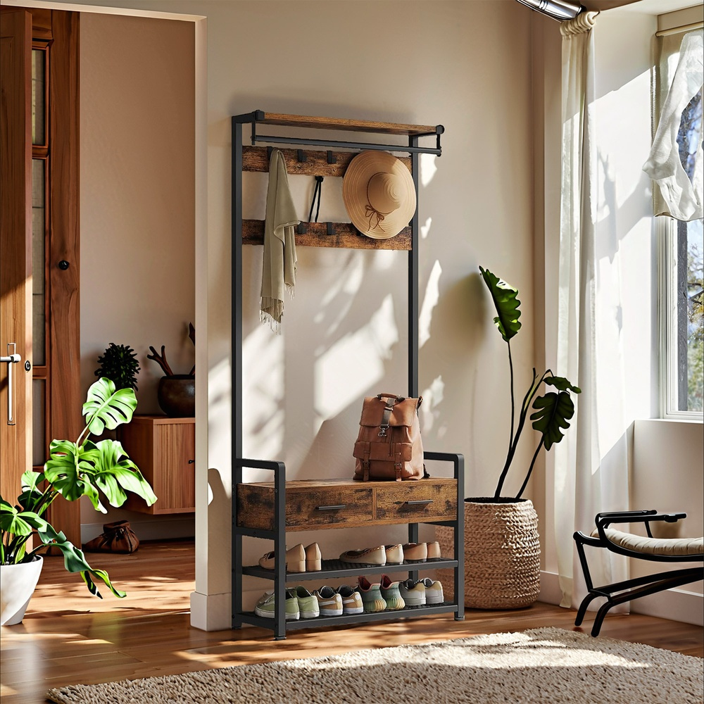 E-shop Garderobe mit Schuhbank, Garderobe, Garderobenständer mit 2 Stoffschubladen, 30 x 80,4 x 181,6 cm, braun-schwarz