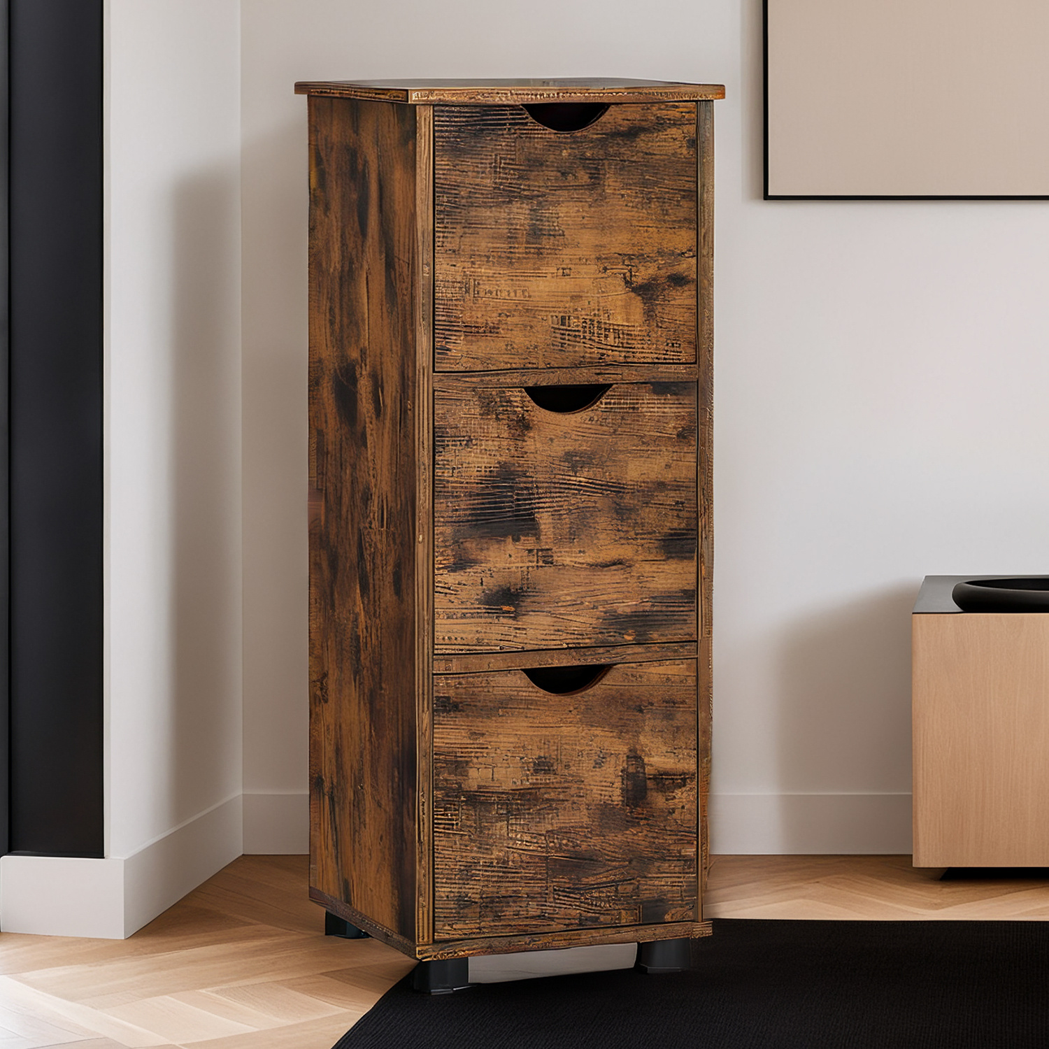 E-shop Badezimmerschrank, Aufbewahrungsschrank, mit 3 Schubladen, Schrank mit 3 Ebenen, Badezimmer, Wohnzimmer, Schlafzimmer, rustikales Braun