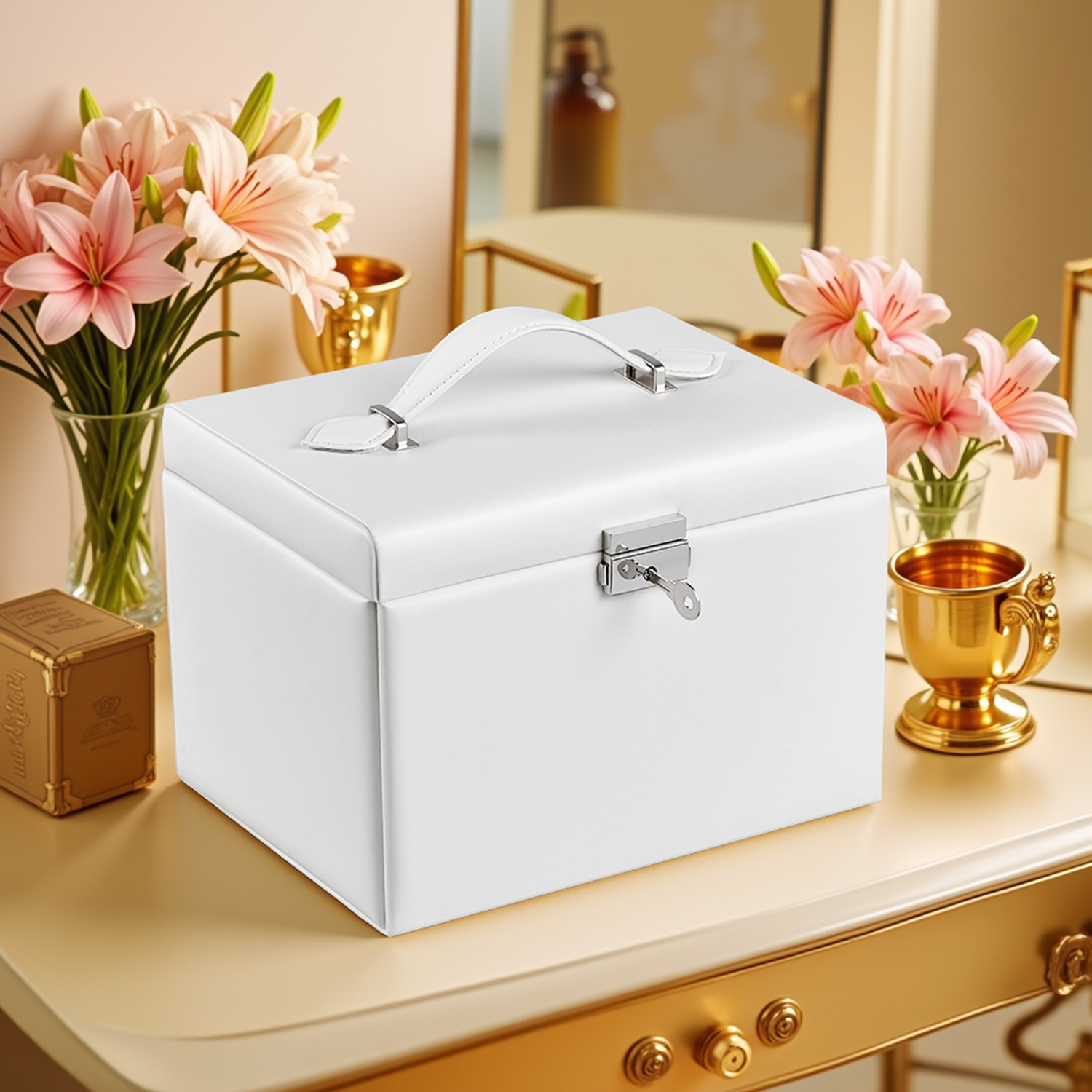 4-tier Jewelry Box With Mirror And Lockable Drawers, White-beige
