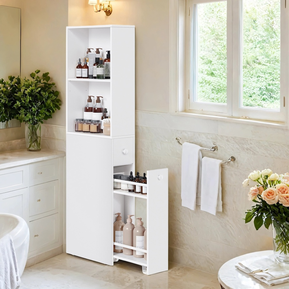 Image of Tall Bathroom Cabinet, Tall Cabinet, Narrow Bathroom Cabinet, With Drawers And Height-adjustable Shelf, For Small Rooms, Classic White