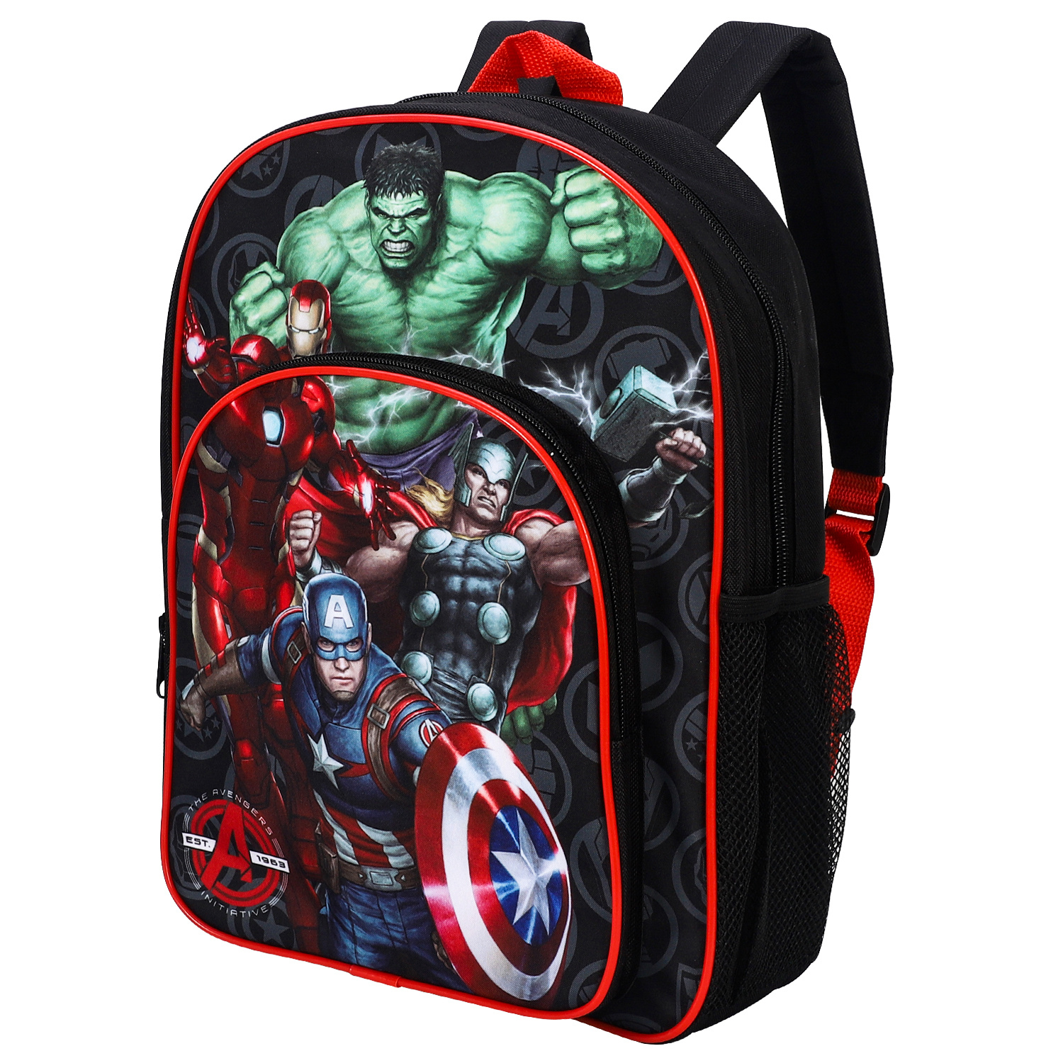 TEMU Avengers Kids Childrens Premium Backpack School Rucksack Travel Bag With Side Mesh Pocket And Front Zipped Pocket