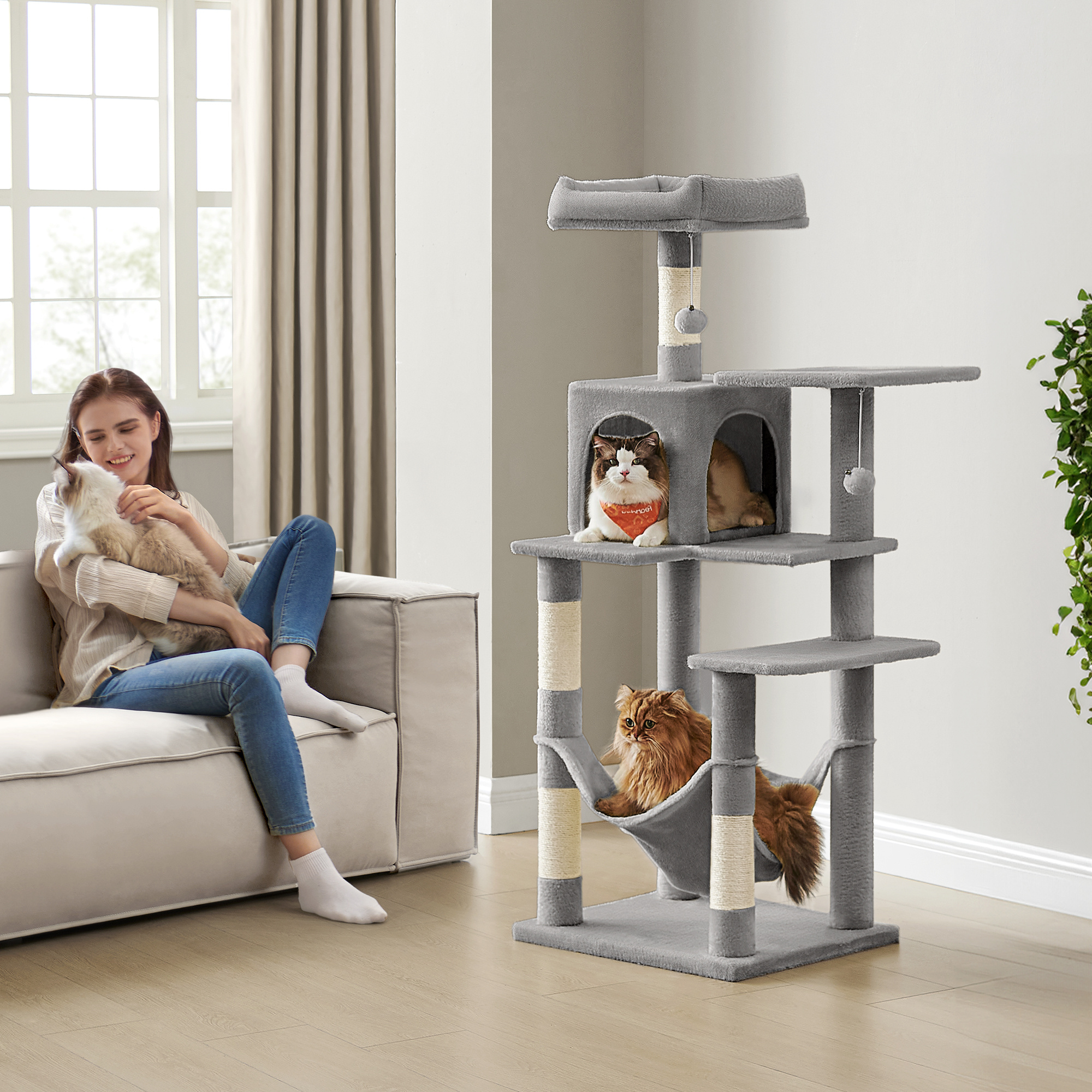 Scratching Post, 143 Cm High Cat Tree, Cat Scratching Post, With Plush Balls, Scratching Columns, Platforms, Hammock, Cave