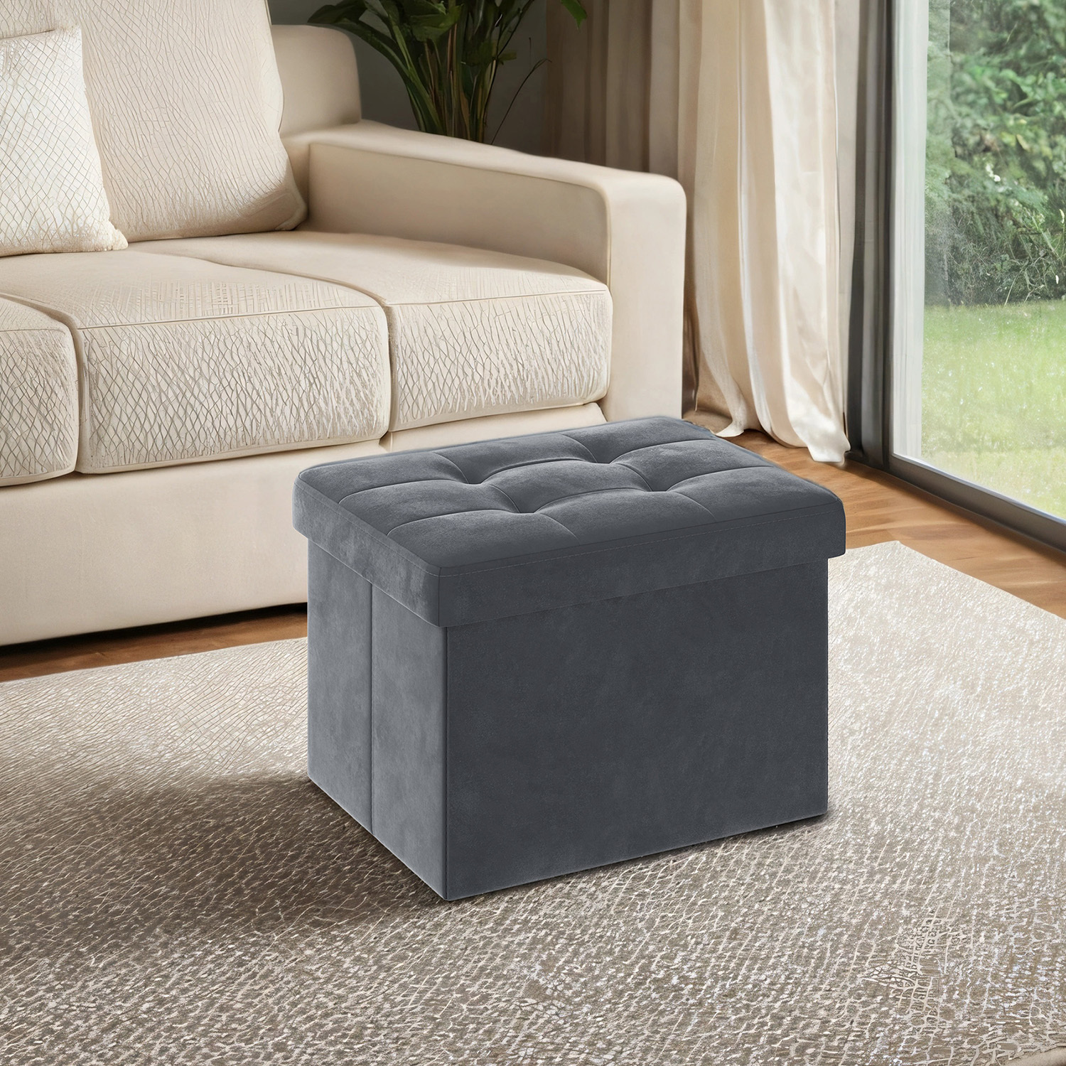Ottoman With Storage Made Of Velvet, Foldable Stool, Storage Box With Lid, Footstool, 31 X 41 X 31 Cm, Loadable Up To 130 Kg, Dark Grey