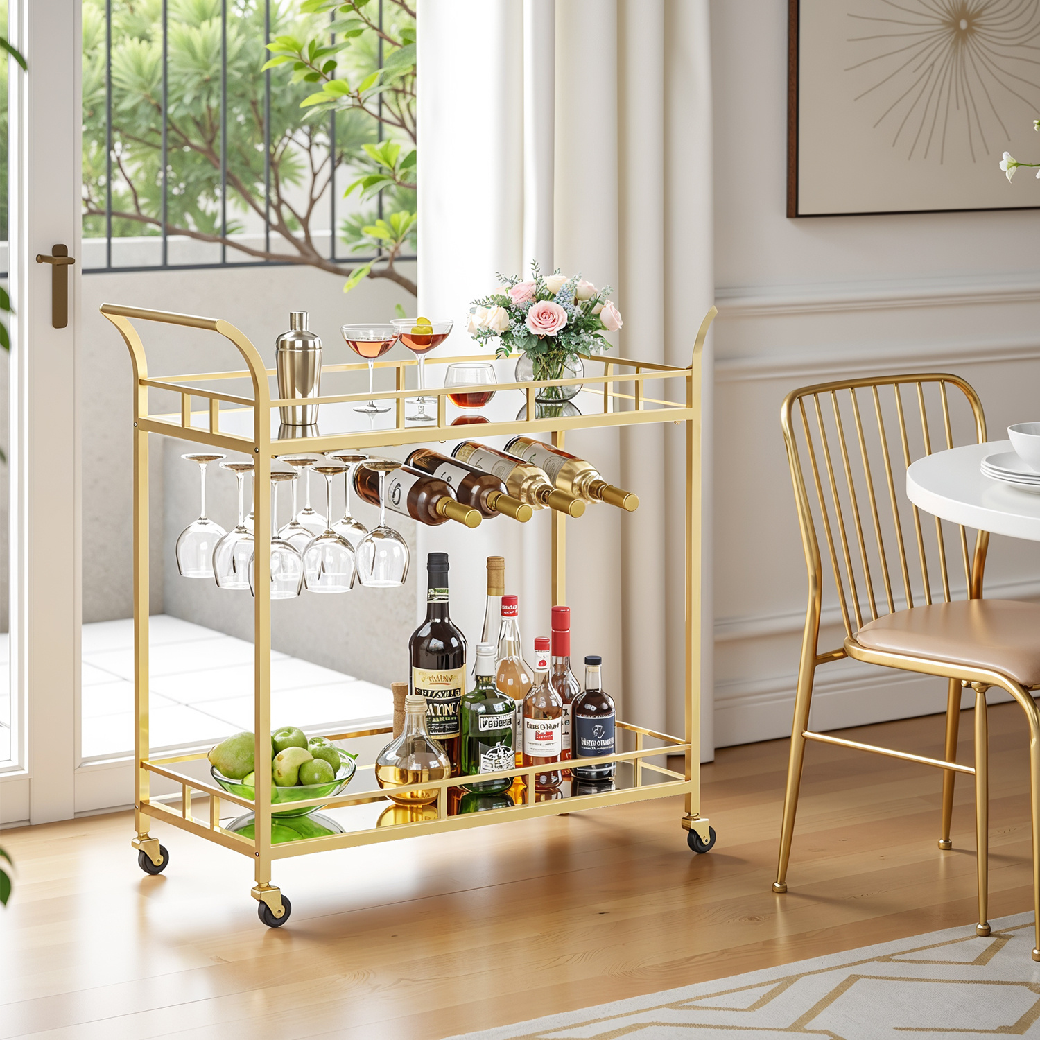 Image of Serving Cart, Rolling Cart, Glass Holder, 2 Glass Shelves, Bar Cart, Wine Cart, For Kitchen, Dining Room, Bar, Gold Color