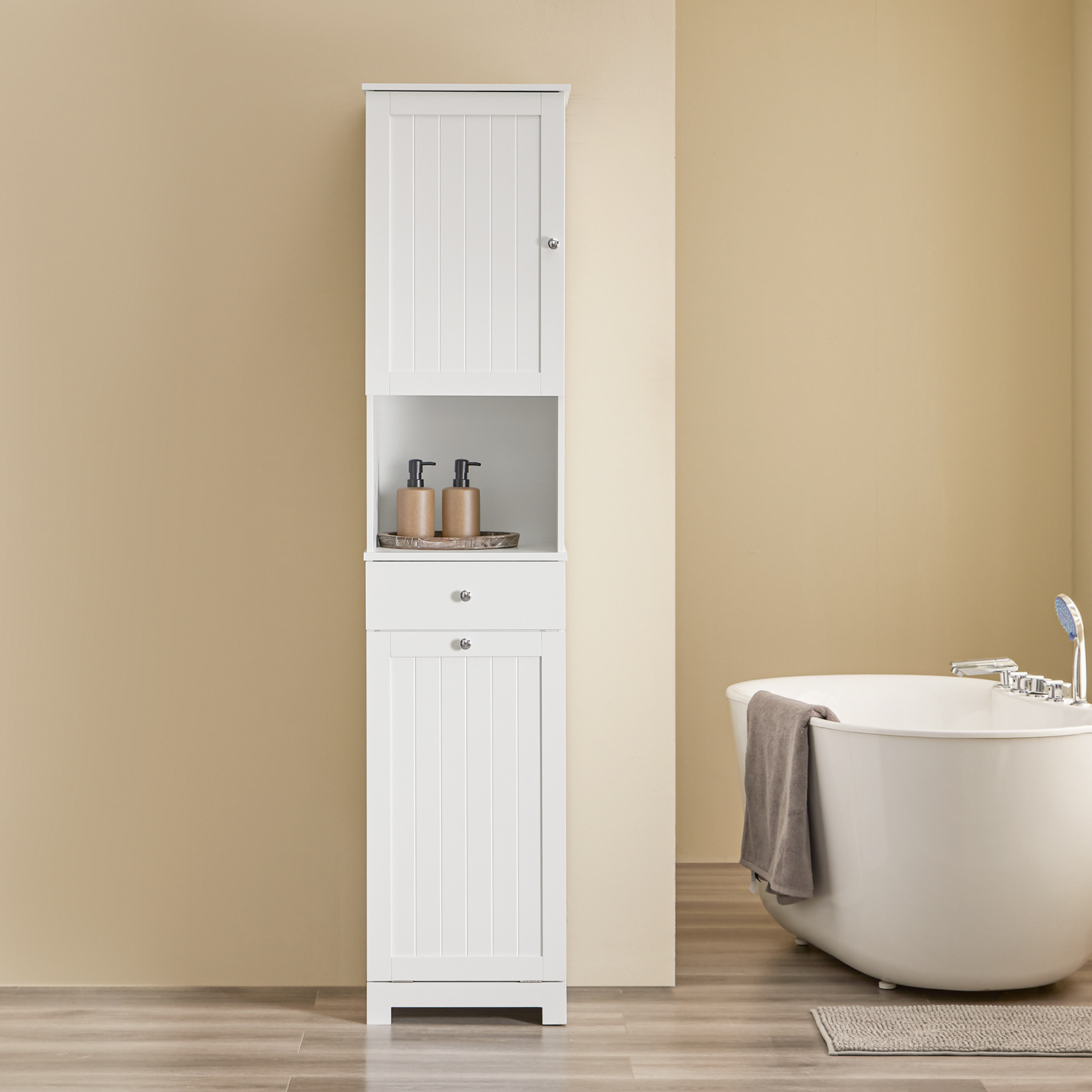 Image of Bathroom Storage Column With Laundry Basket, 1-piece Bathroom Furniture 40x38x180cm With Drawer And Adjustable Compartment, Space- Small Shelf, Ideal For Wc And Toilets - Cas327-x
