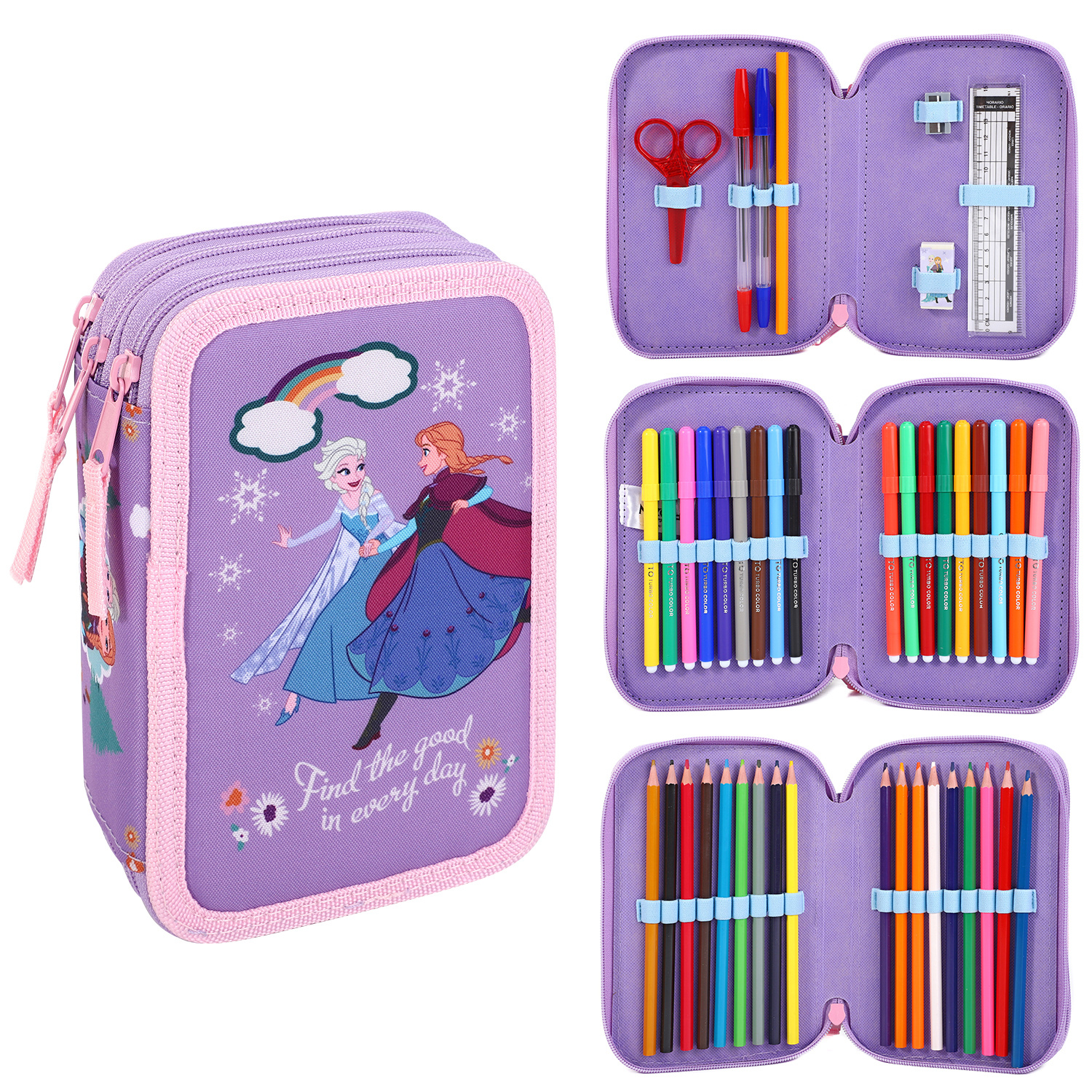 TEMU Frozen 3 Tier Large Pencil Case Multi Compartment School Supplies Stationery Colouring Pens Pencils Sets